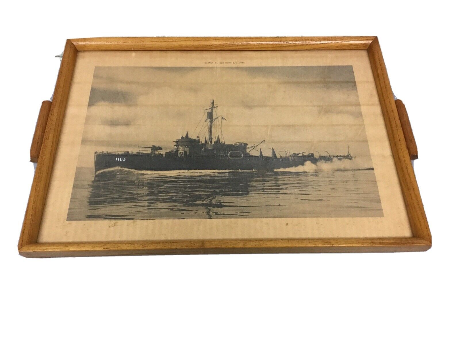 ANTIQUE VTG MCM WOOD SERVING TRAY WITH PIC US NAVAL RESERVE SHIP SIDNEY COX     