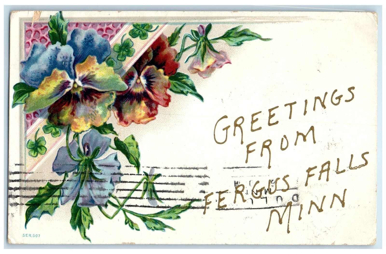 1910 Greetings Form Fergus Falls Minnesota MN Posted Embossed Flowers Postcard