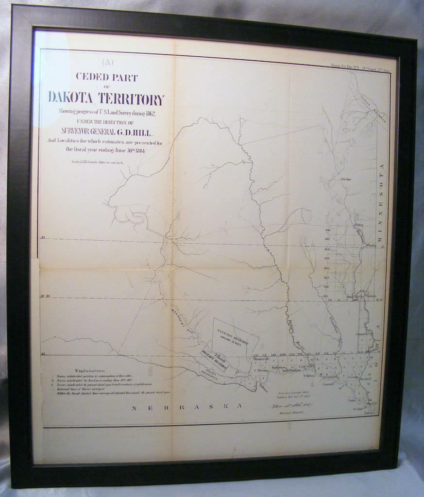 Original 1862 Ceded Part Of Dakota Territory Showing Progress US Land Survey Map