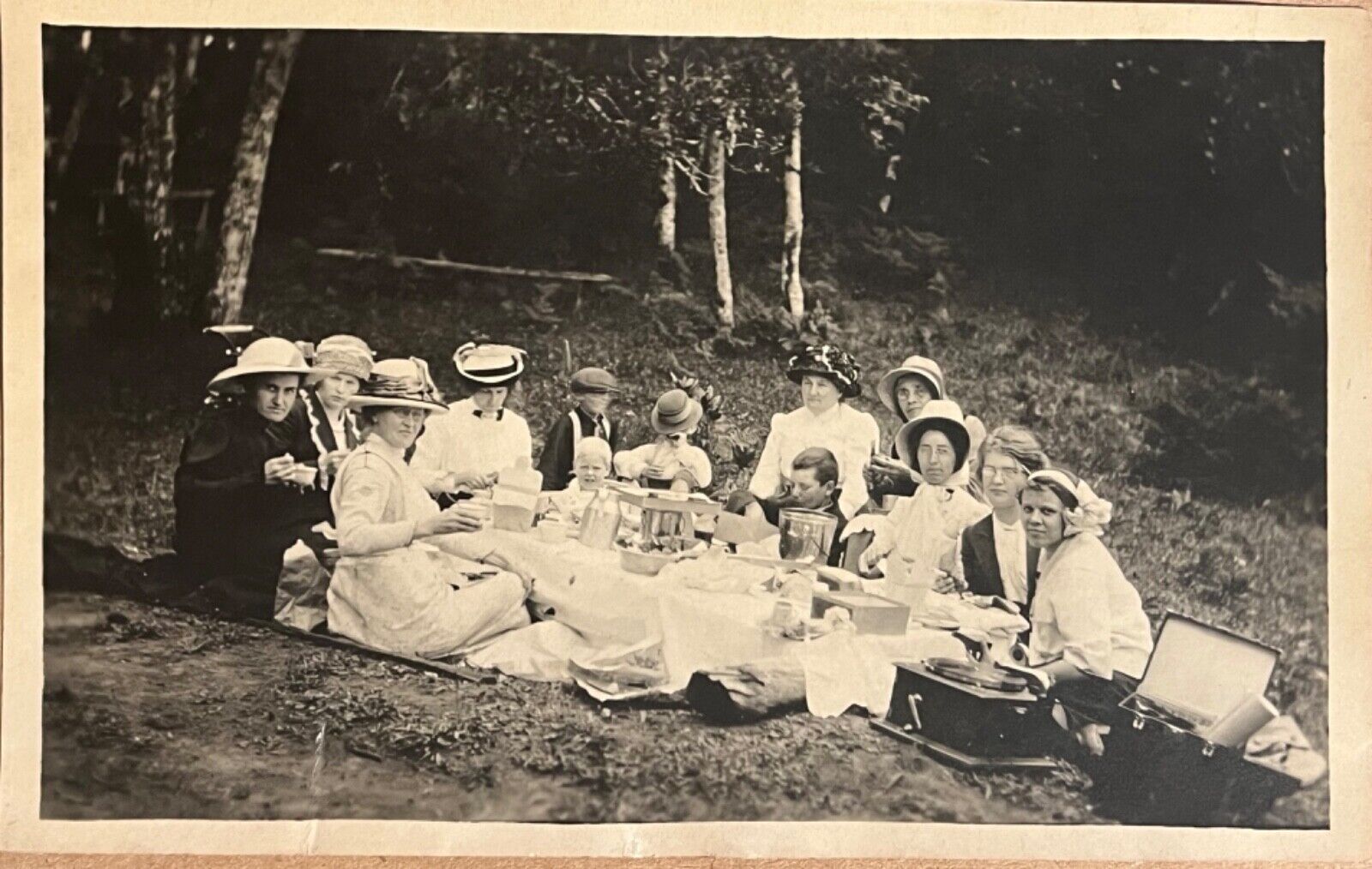 RPPC People on Picnic with Crank Phonograph Antique Real Photo Postcard c1910