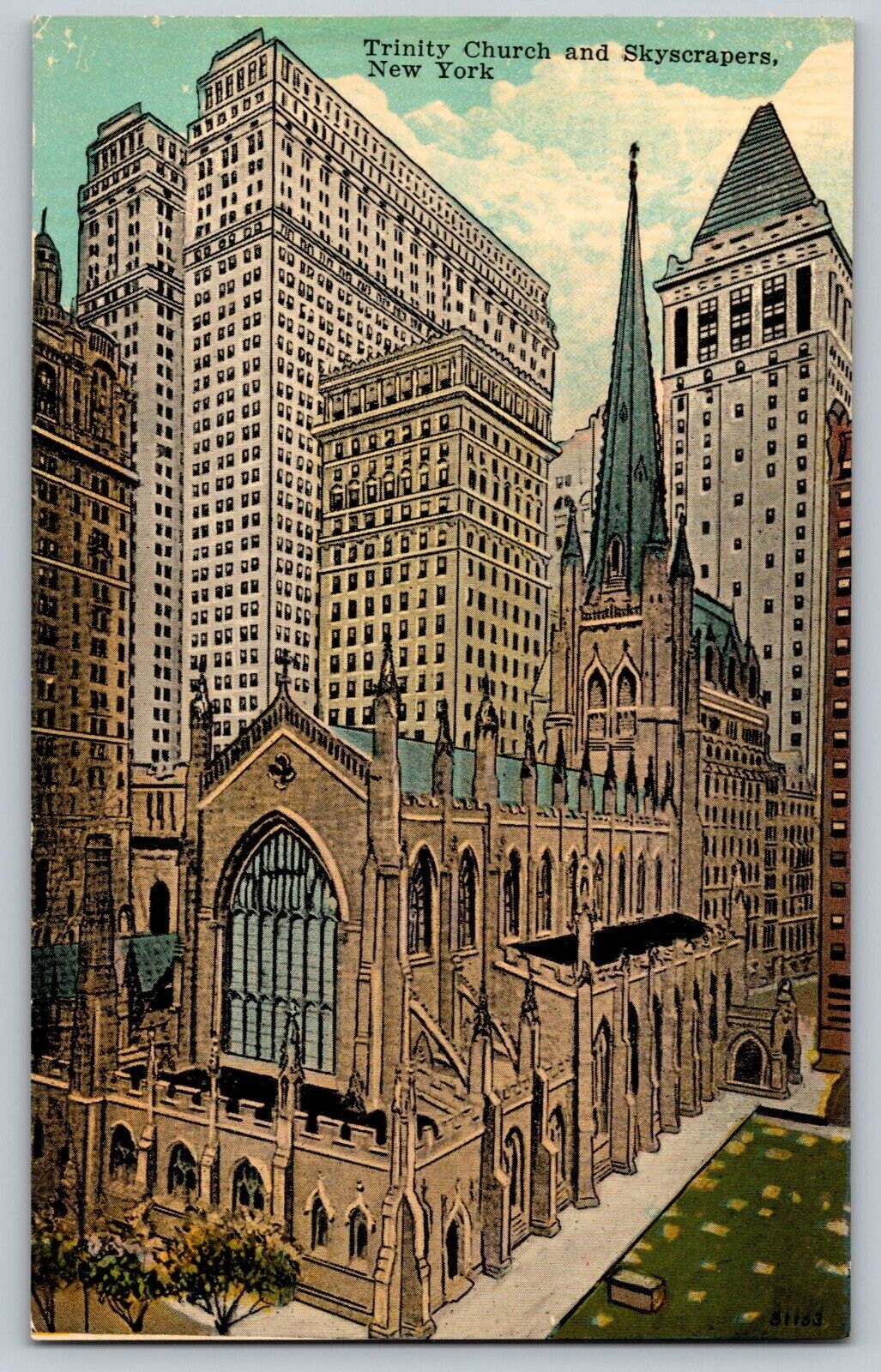 Vintage 1910's Postcard Skyscrapers Around Trinity Church New York City NY.