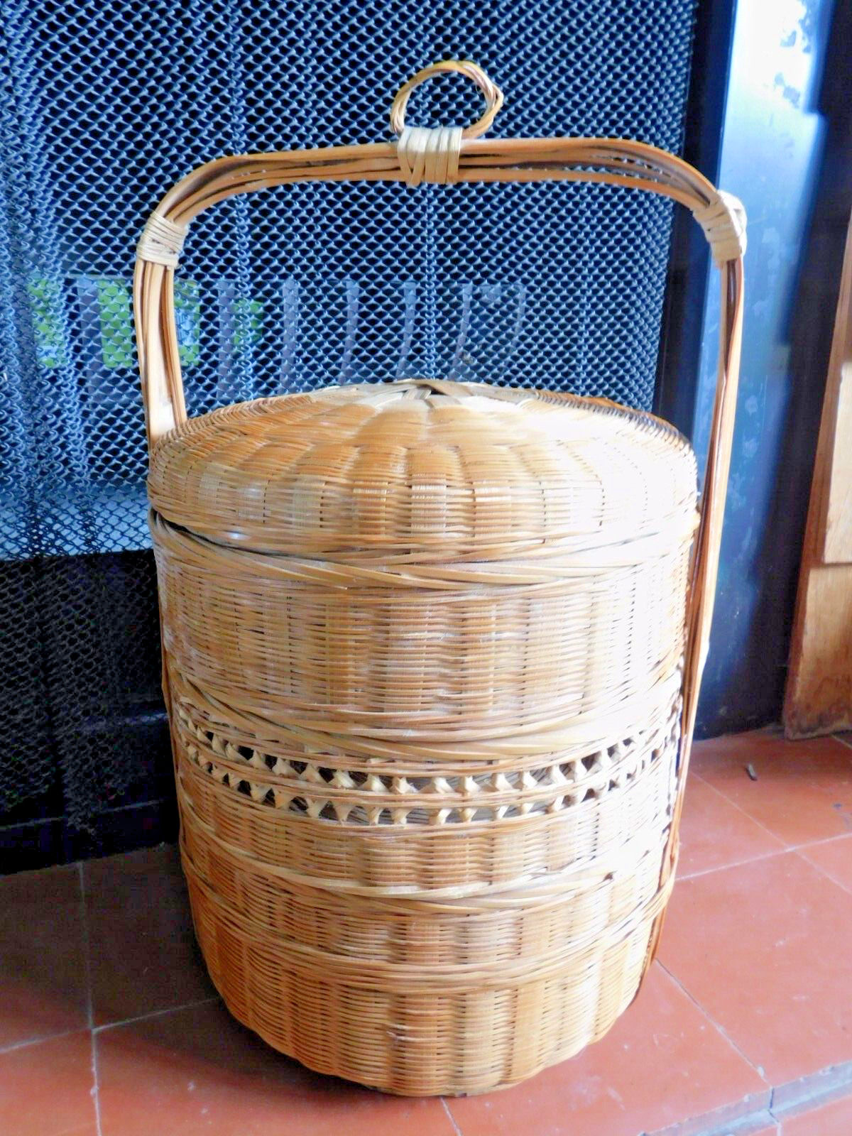 Vintage 3 Tier Chinese Asian Wedding Basket Woven Wicker Rattan Bamboo/Handle