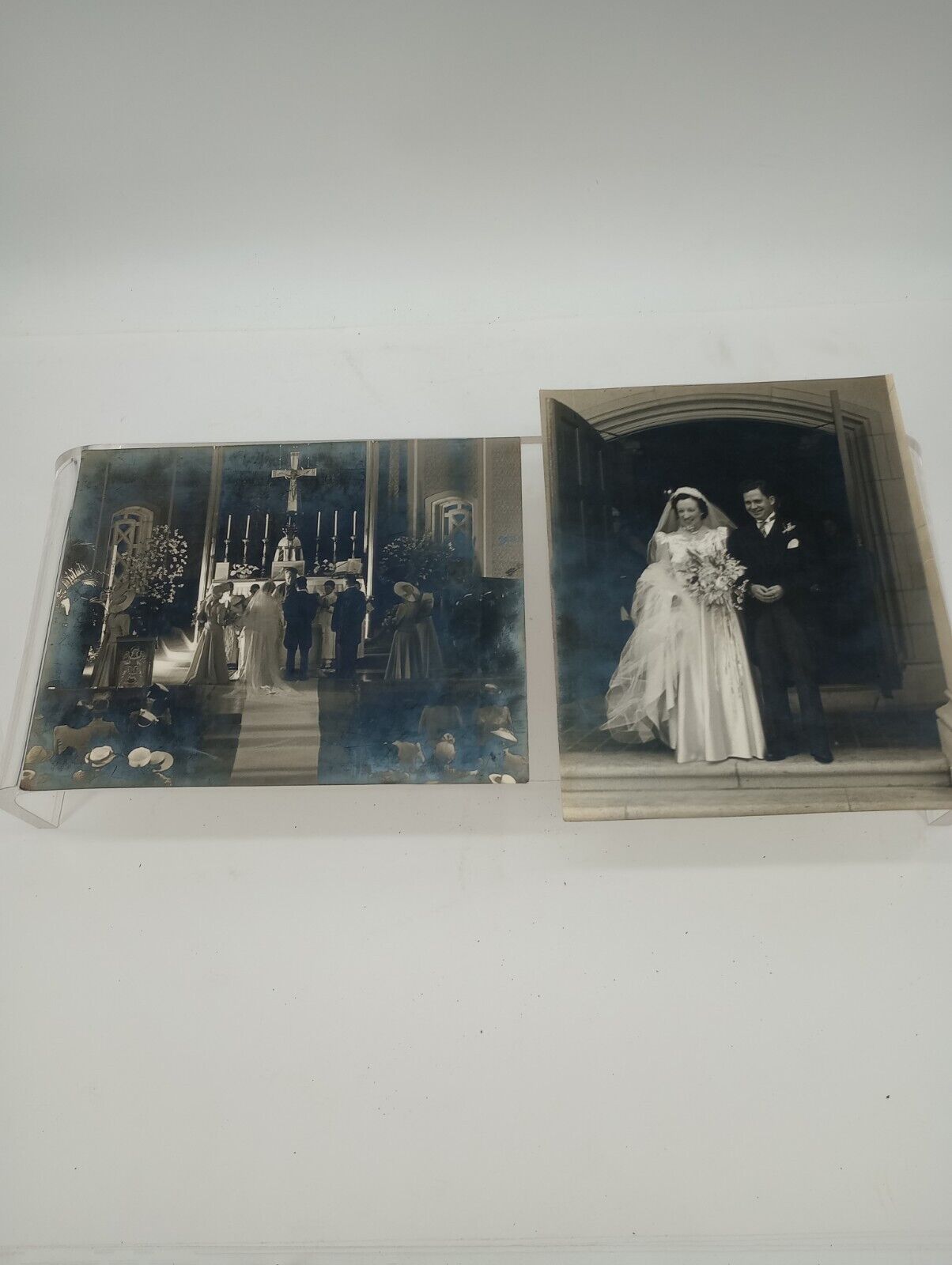 2 Vintage 1950s 8x10 Photos Wedding Bride Dress Groom Catholic 