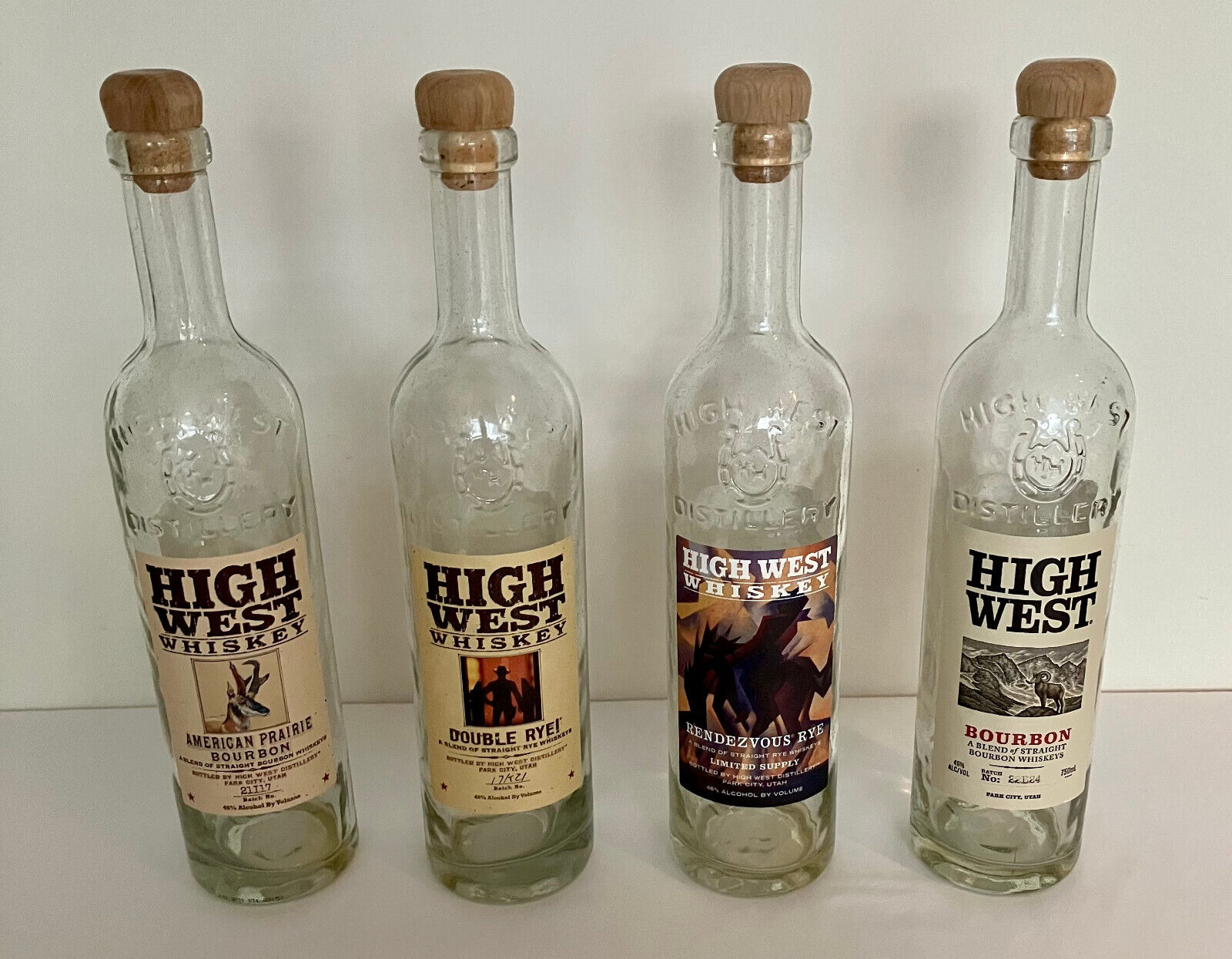 Lot of 4 High West Bourbon Bottles (Rendezvous, American Prairie, Double) EMPTY