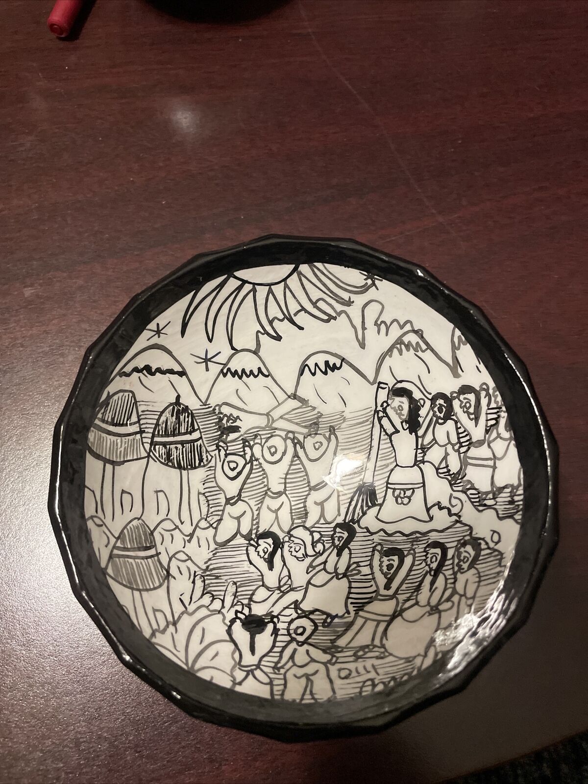 Mexican Hand-Painted Xalitla Folk Art Clay Vintage Bowl Black & White Talavera