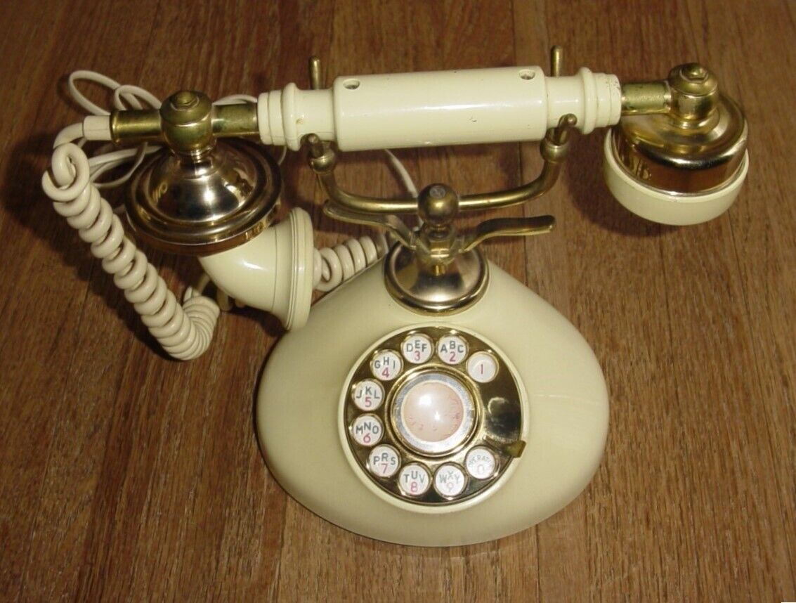 French Princess Rotary Dial Phone Telephone Brass Gold Ivory Cream Cameo Vintage