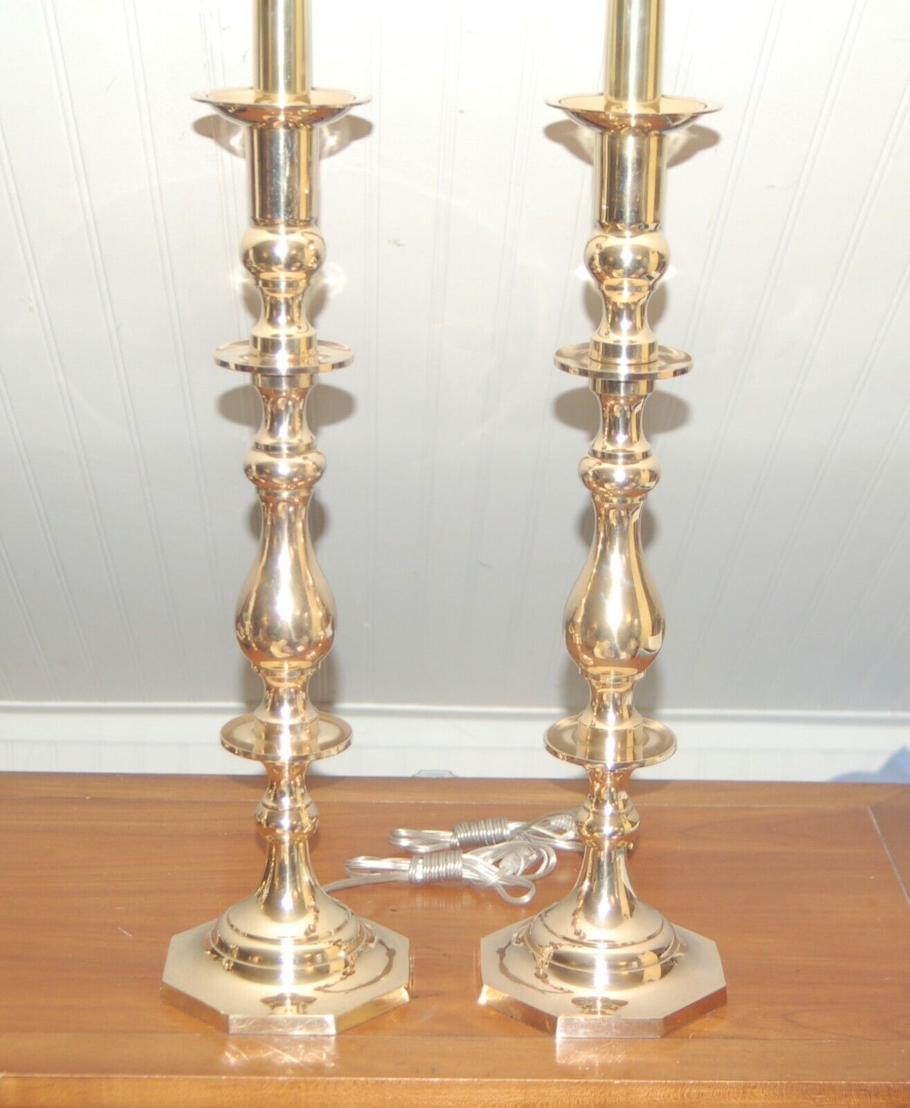 Pair BRASS TALL Candlestick LAMPS Neoclassical  Hollywood Regency Baroque
