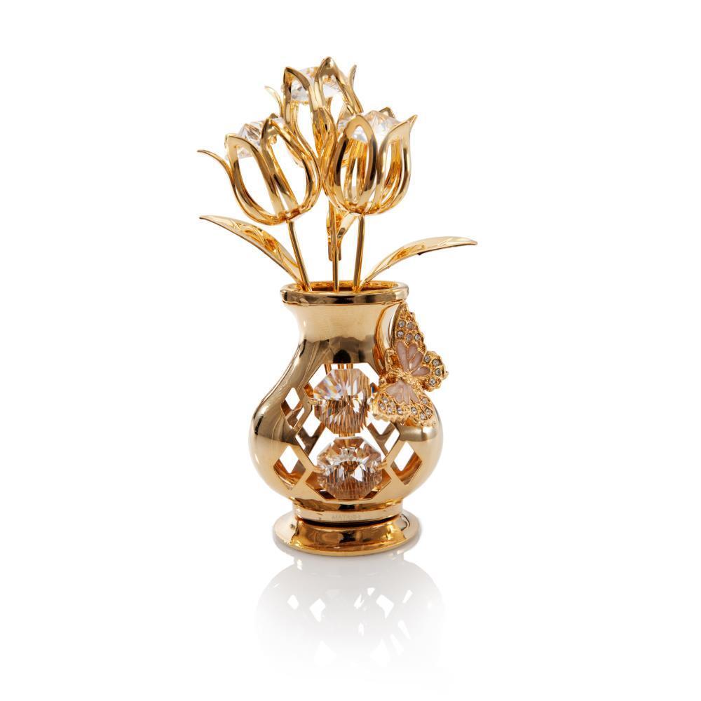 24K Gold Plated Tulips w/Butterfly In A Vase Ornament Made with Matashi Crystal