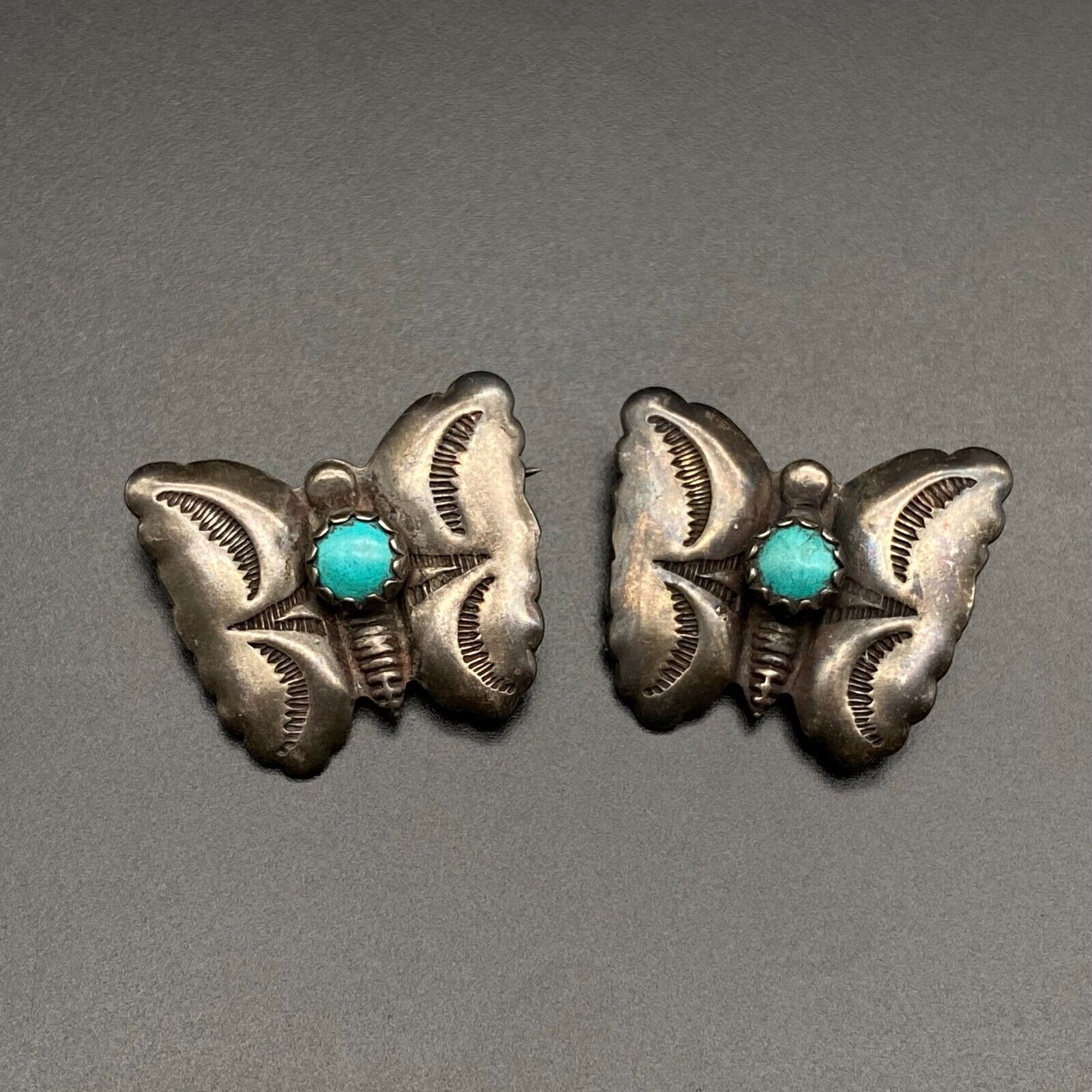 Vintage Southwestern Butterfly Turquoise Silver Pin Brooch Pair