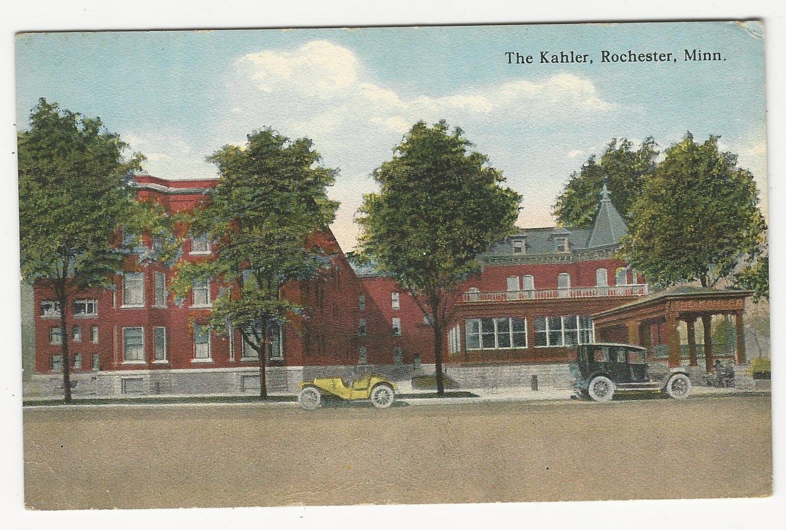 PC Street & autos view, earliest bldg, The Kahler Hotel, Rochester, MN, ca1910s