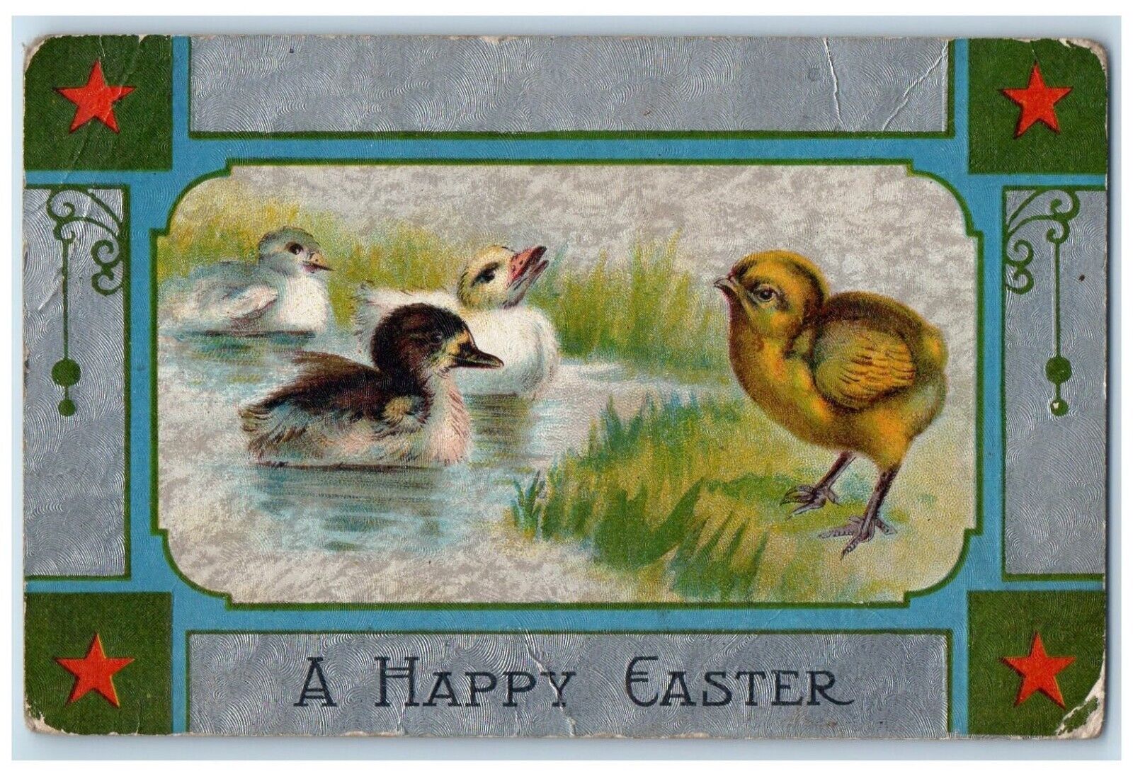 c1910's Happy Easter River Swim Chicks Embossed Posted Antique Postcard