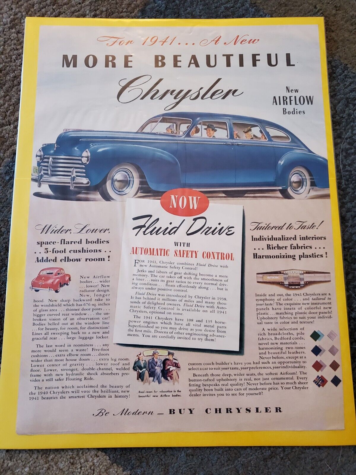 VTG 1941 Magazine Ad CHRYSLER Car For '41 Fluid Drive Airflow Bodies Automotive 