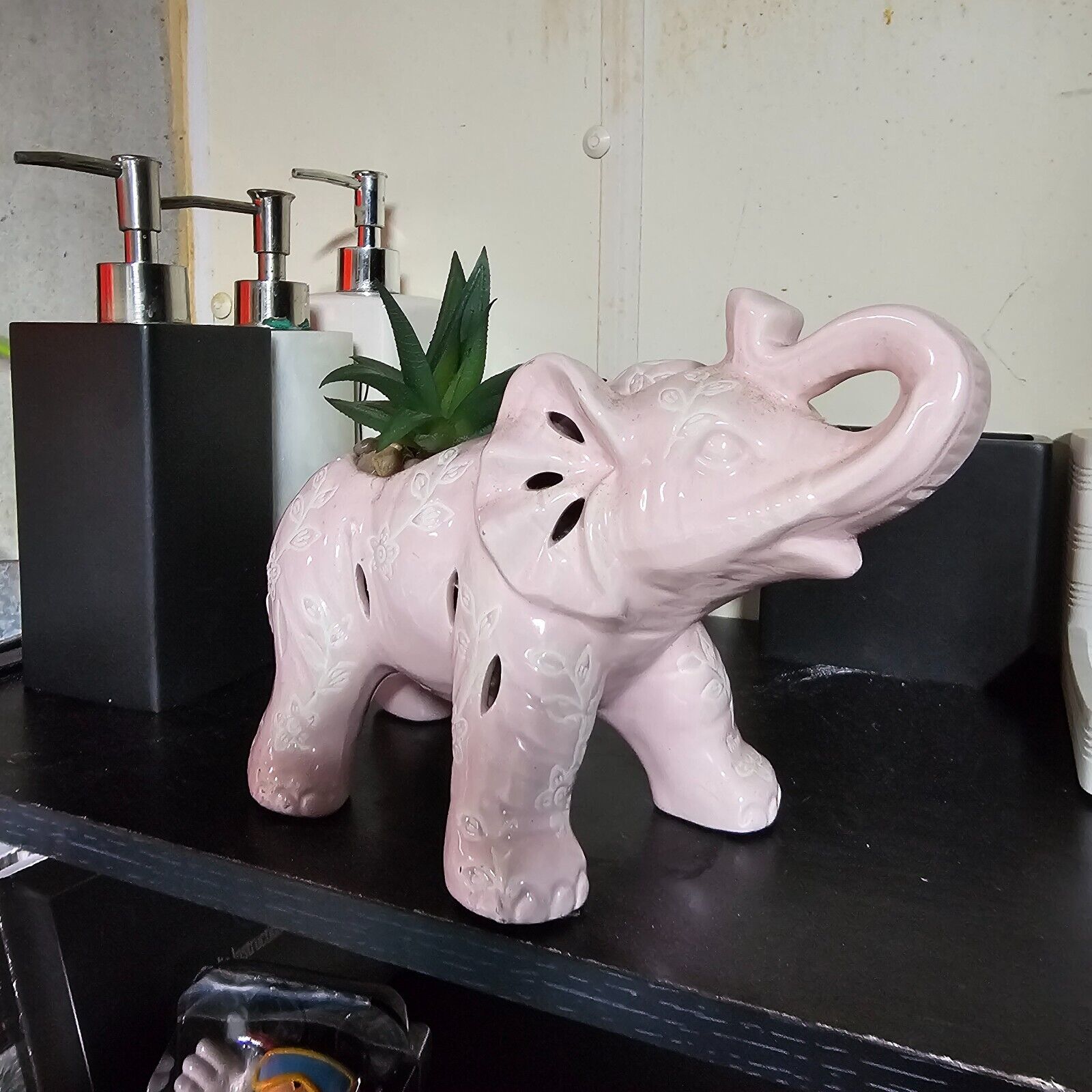 Vintage Pink Ceramic Standing Elephant Planter with Trunk Up