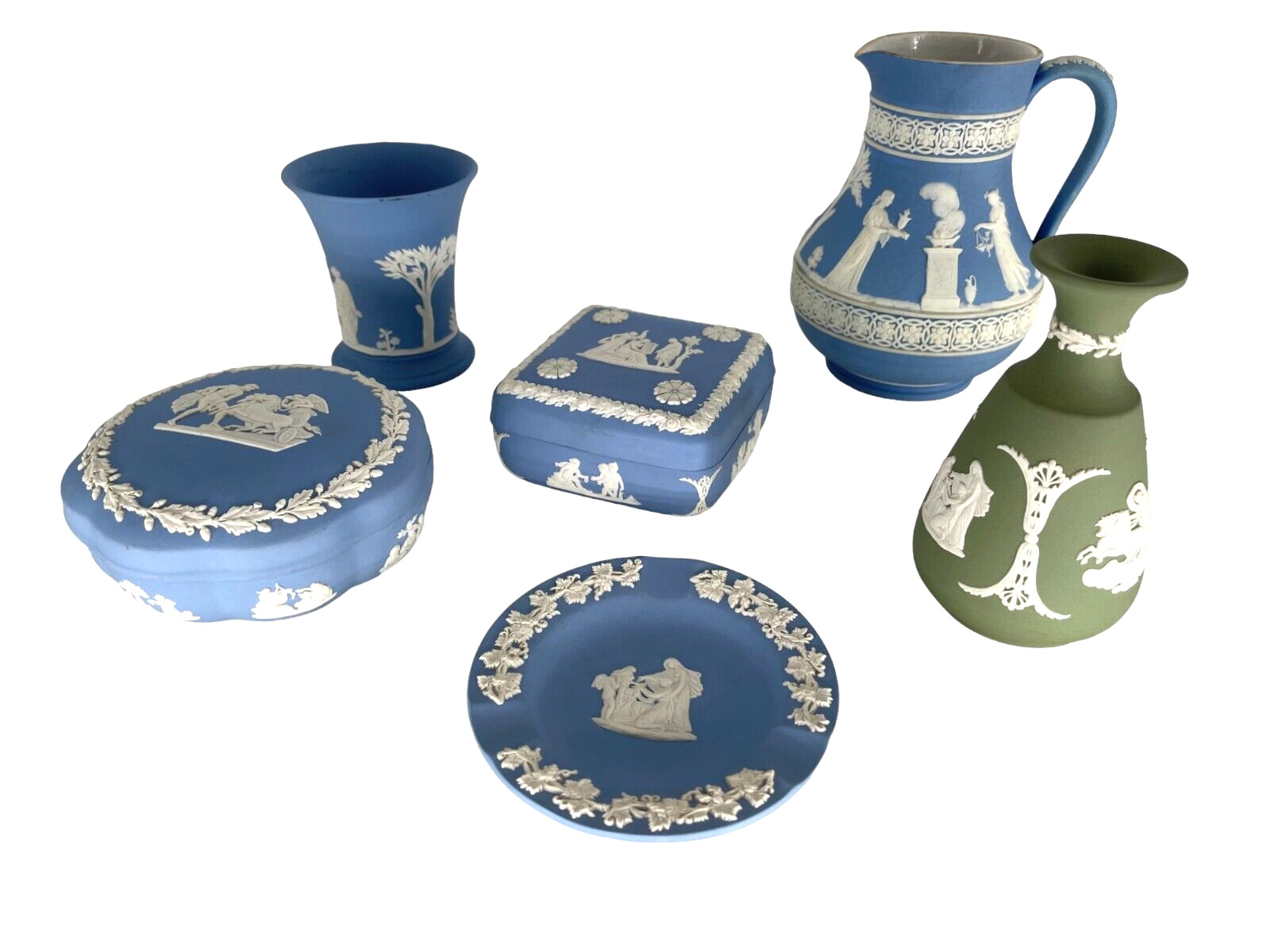 6 pieces of Wedgwood Jasperware Blue/White/Green plates trinket box Jar