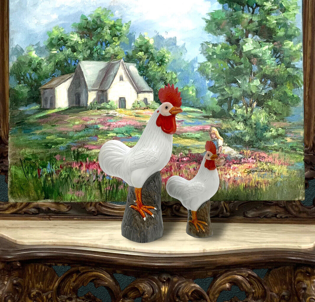 Rooster Figurine Pair Porcelain Chicken Vintage Oriental Collectibles Decor