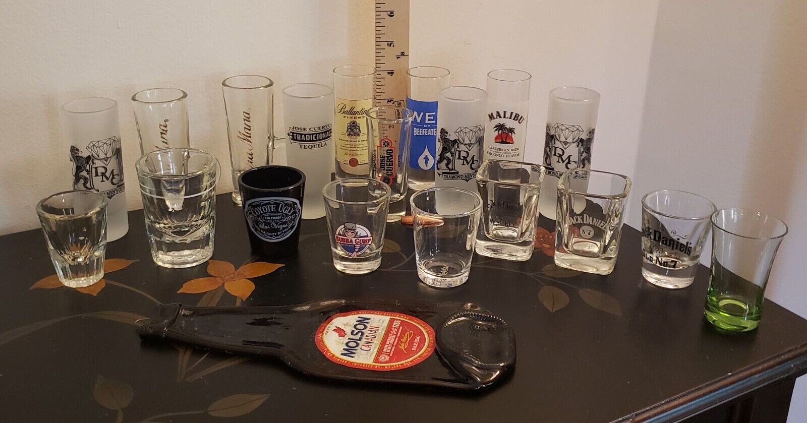 Vintage Lot 19 Shot Glasses Mens Club JD Coyote Ugly And Melted Molson Bottle 