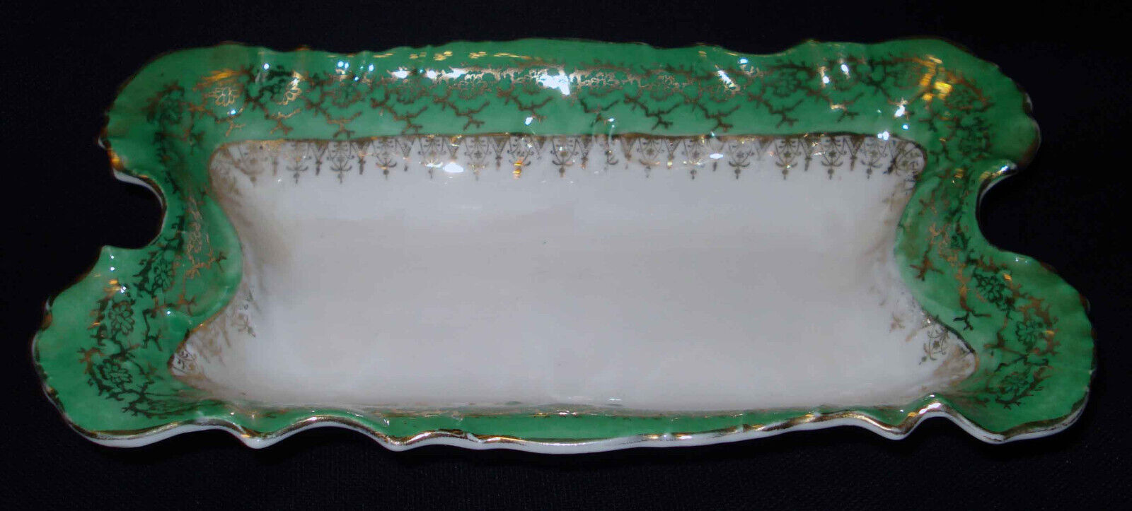 Vintage CT Germany Porcelain Green Border Gold Detail Rectangle Shaped Bowl Dish