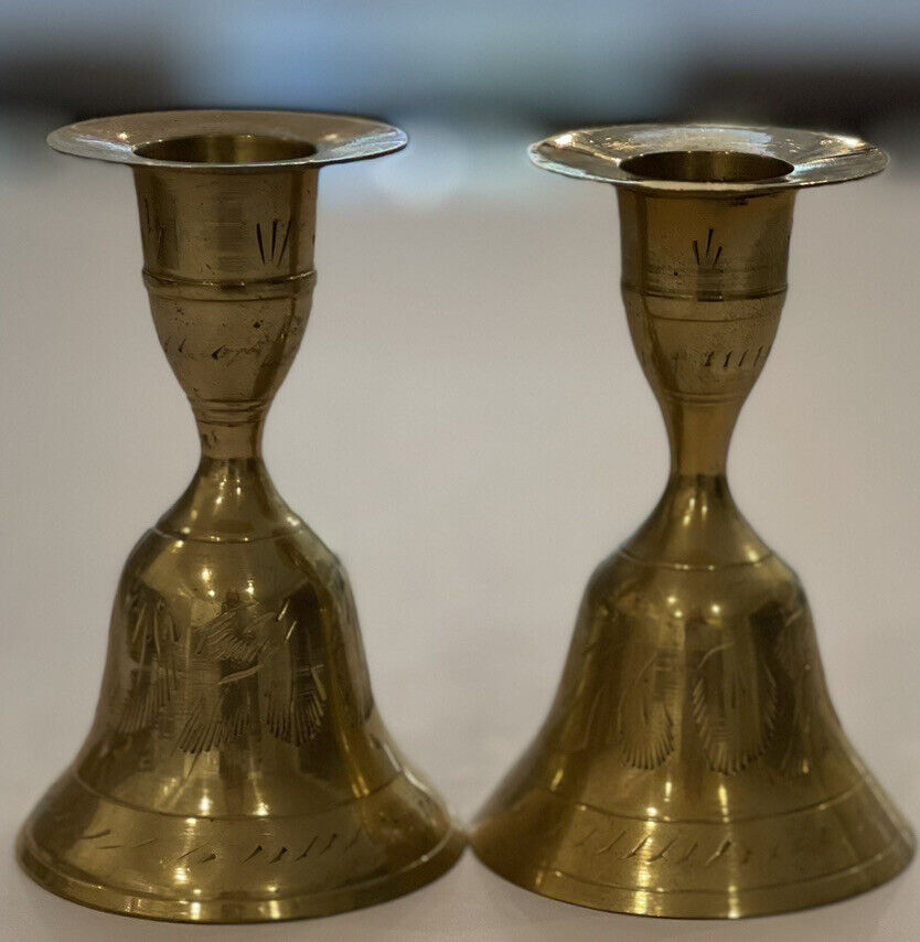 Unique Pair VTG Dual Etched Brass Bells and Candlestick Candle Holders 4”