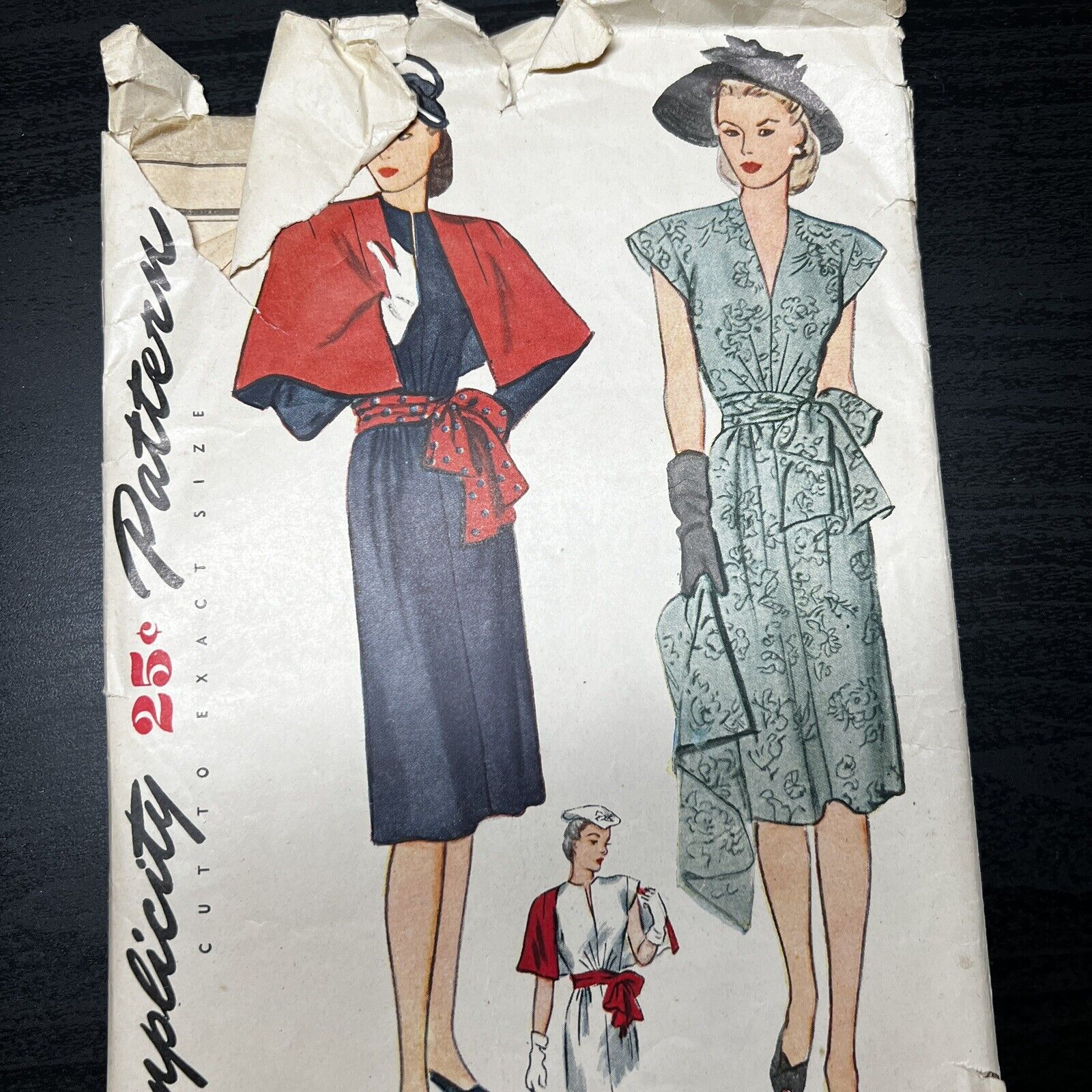 Vintage 1940s Simplicity 1289 Sunburst Waist Dress + Cape Sewing Pattern 16 USED