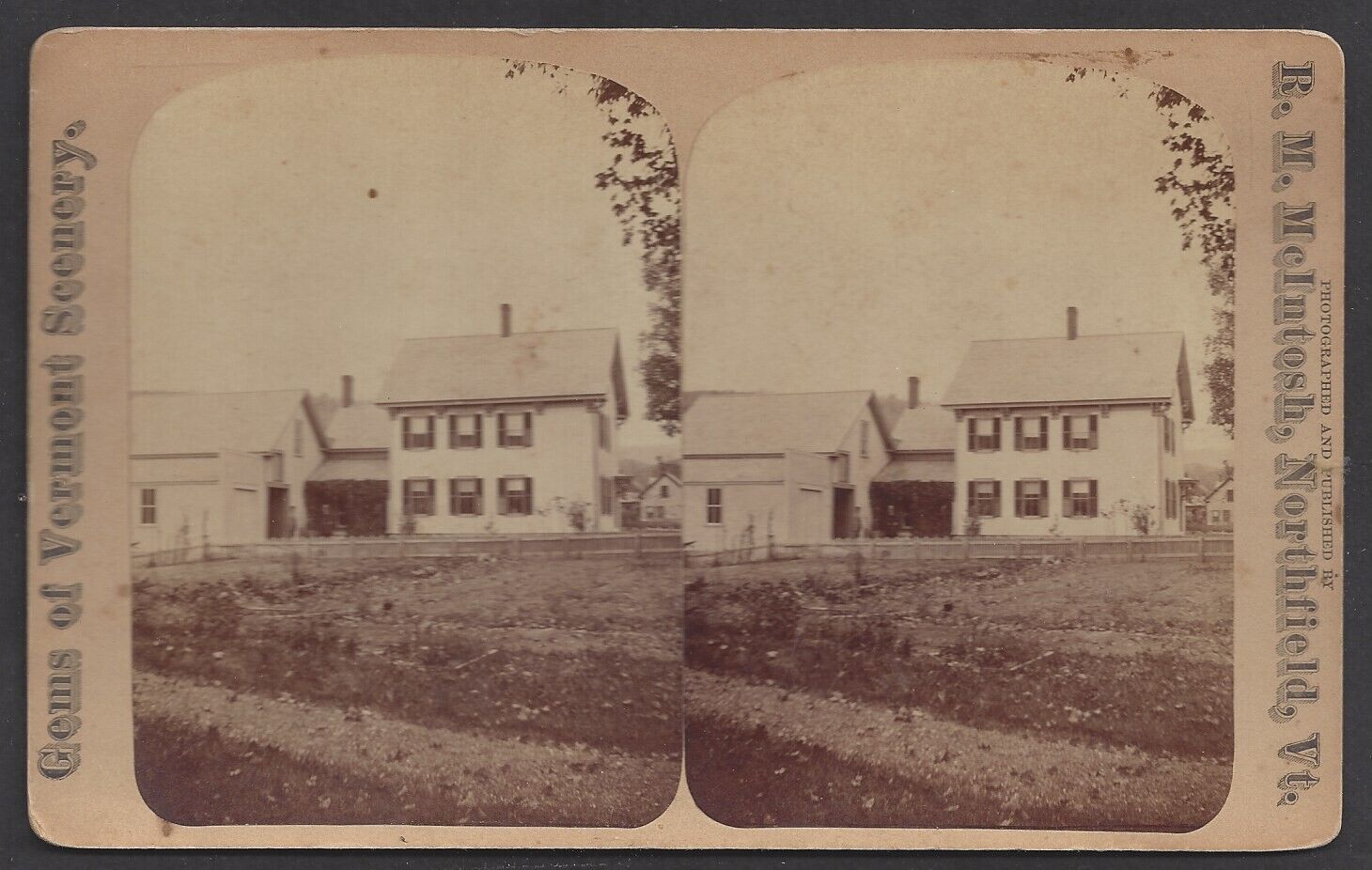 NORTHFIELD, VT STEREOVIEW ~ HOUSE & ATTACHED BARN ~ Pub. R. M. McINTOSH c. 1870s