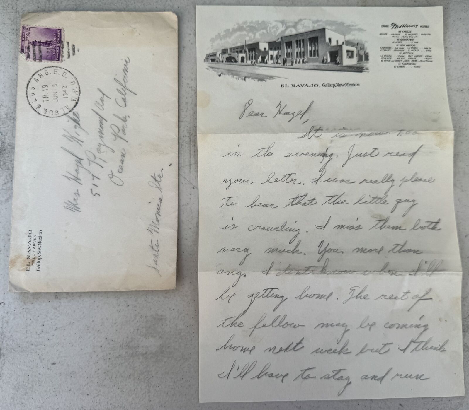 Vintage Handwritten Letter to Mrs. Hazel Kight El Navajo Fred Harvey w/ Envelope