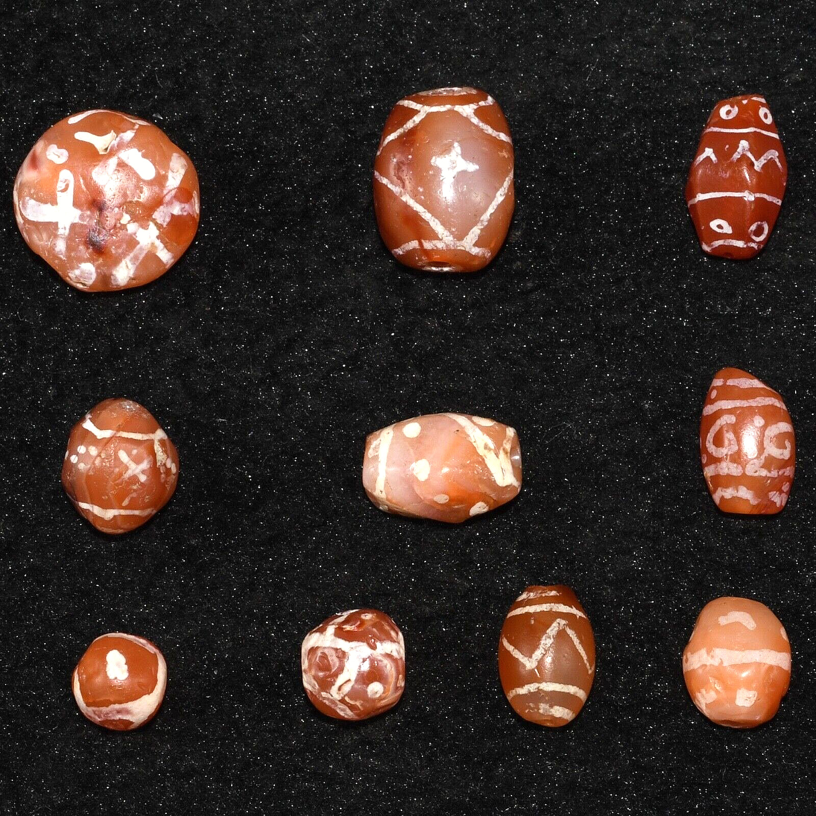 10 Large Ancient Etched Carnelian Beads in Good Condition Over 2000 Years Old