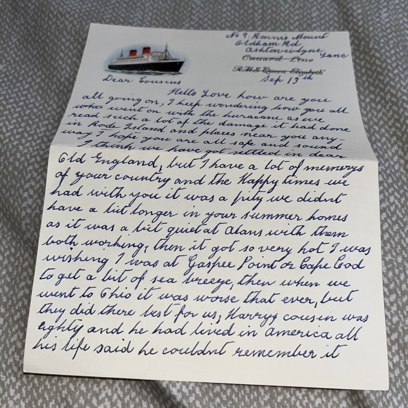 Vintage Letter on Cunard Line Ship R M S Queen Elizabeth Stationary Letterhead