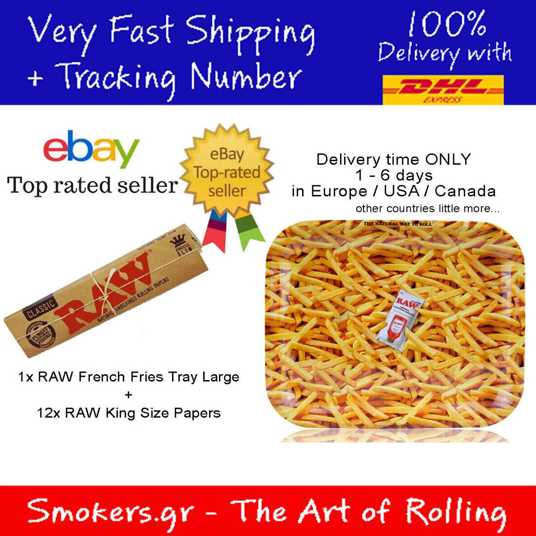 1x RAW French Fries Tray Large 27x33cm - 12x RAW Rolling Papers King Size Slim