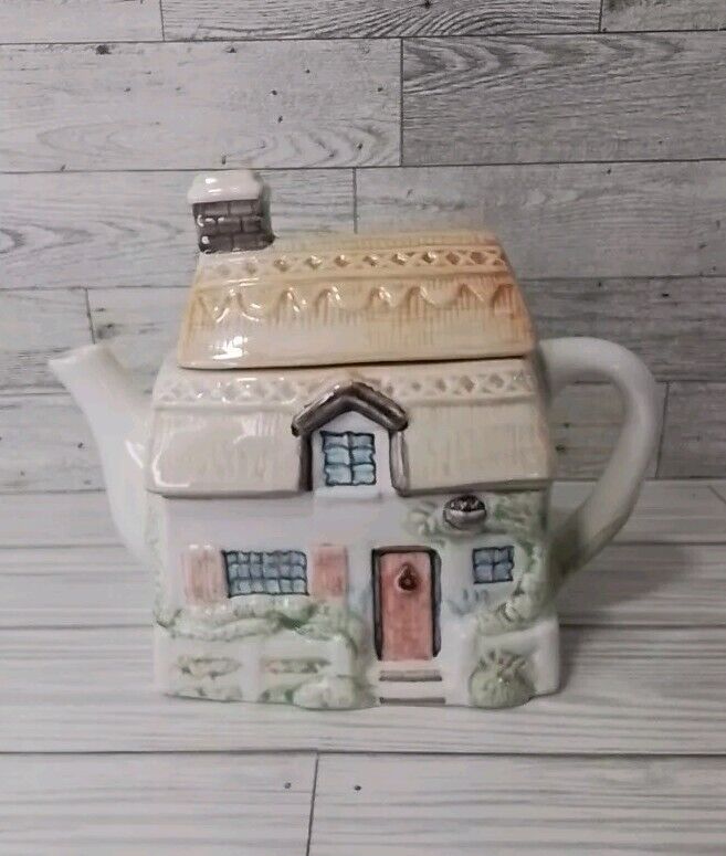 Ceramic Cottage House Branch Handle & Spout Teapot Vintage