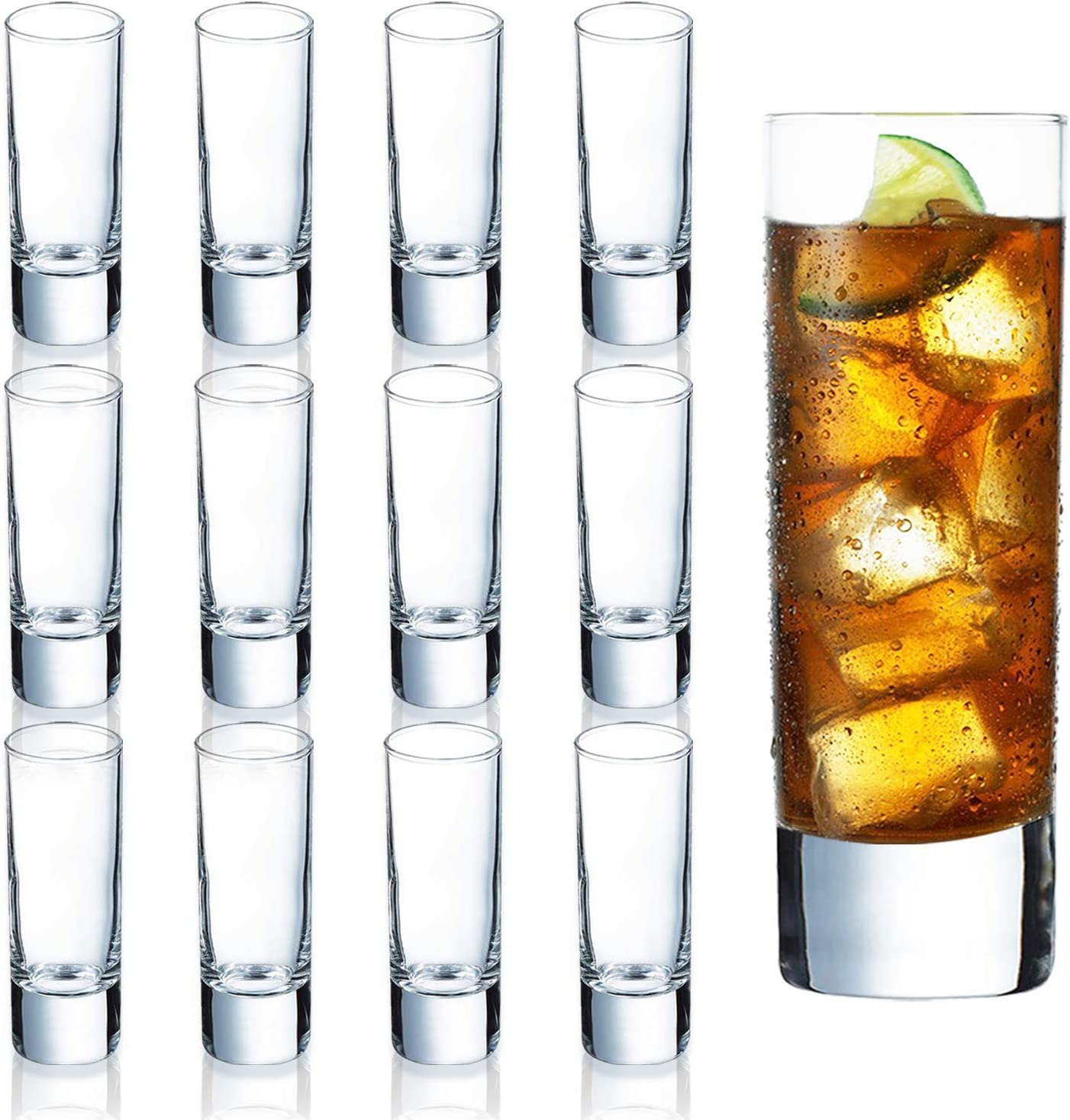 Clear Heavy Base Shot Glasses 12 Pack, 2 Oz Tall Glass Set for Whiskey, Tequila