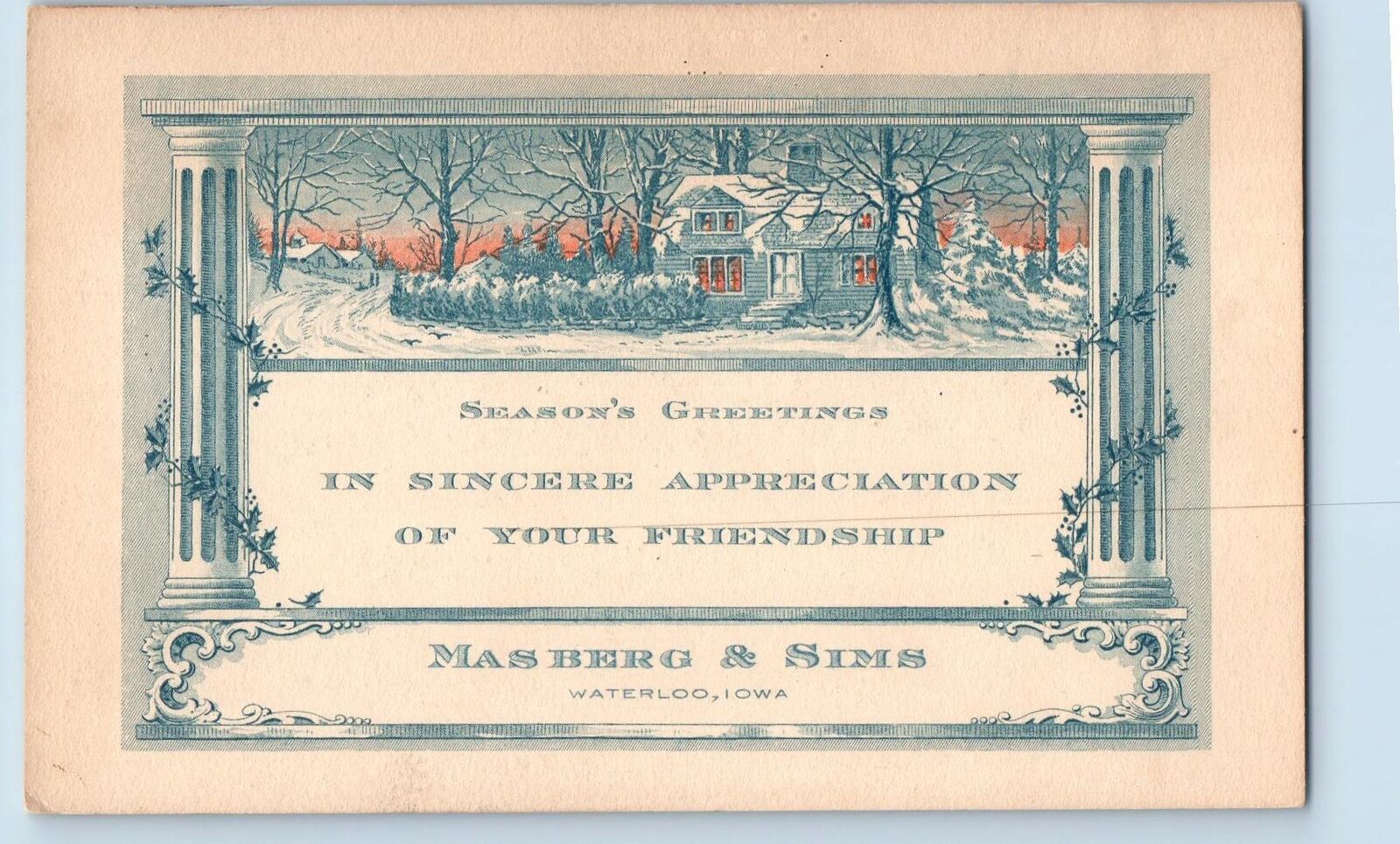 Waterloo Iowa IA Postcard Season\'s Greetings Masberg And Sims c1905\'s Antique