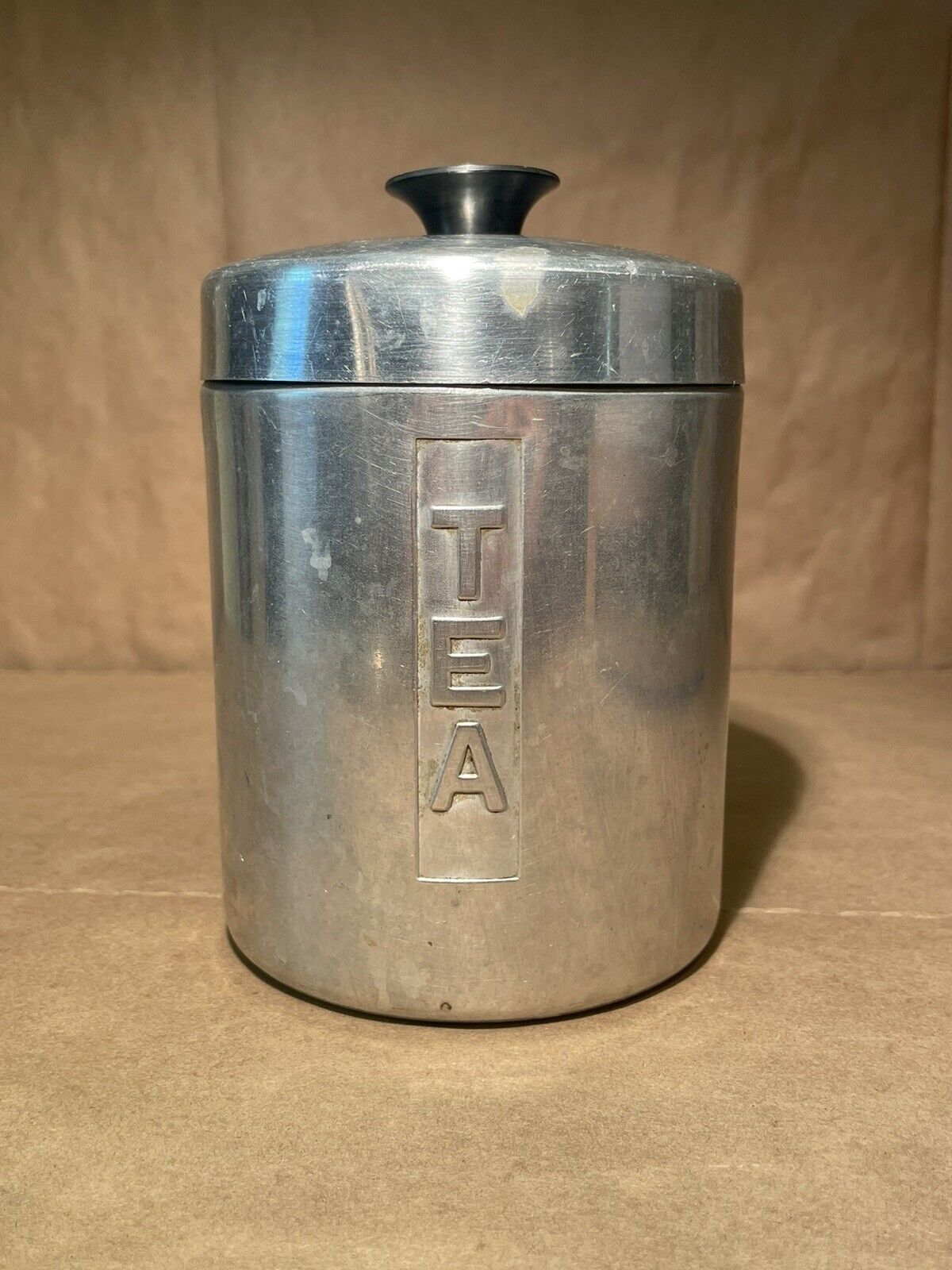Mid Century Modern Canister Brushed Aluminum Tea Can 6” X 4” Made W Germany VTG