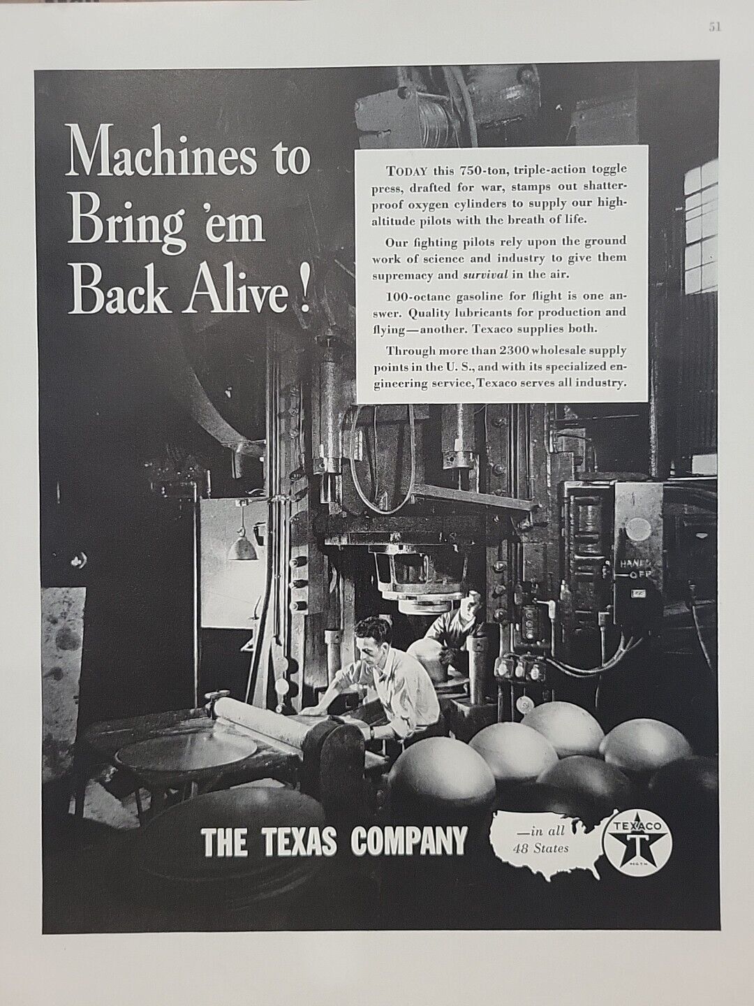 1942 Texaco Texas Company Fortune WW2 Print Ad Q4 Machine Machinist Homefront