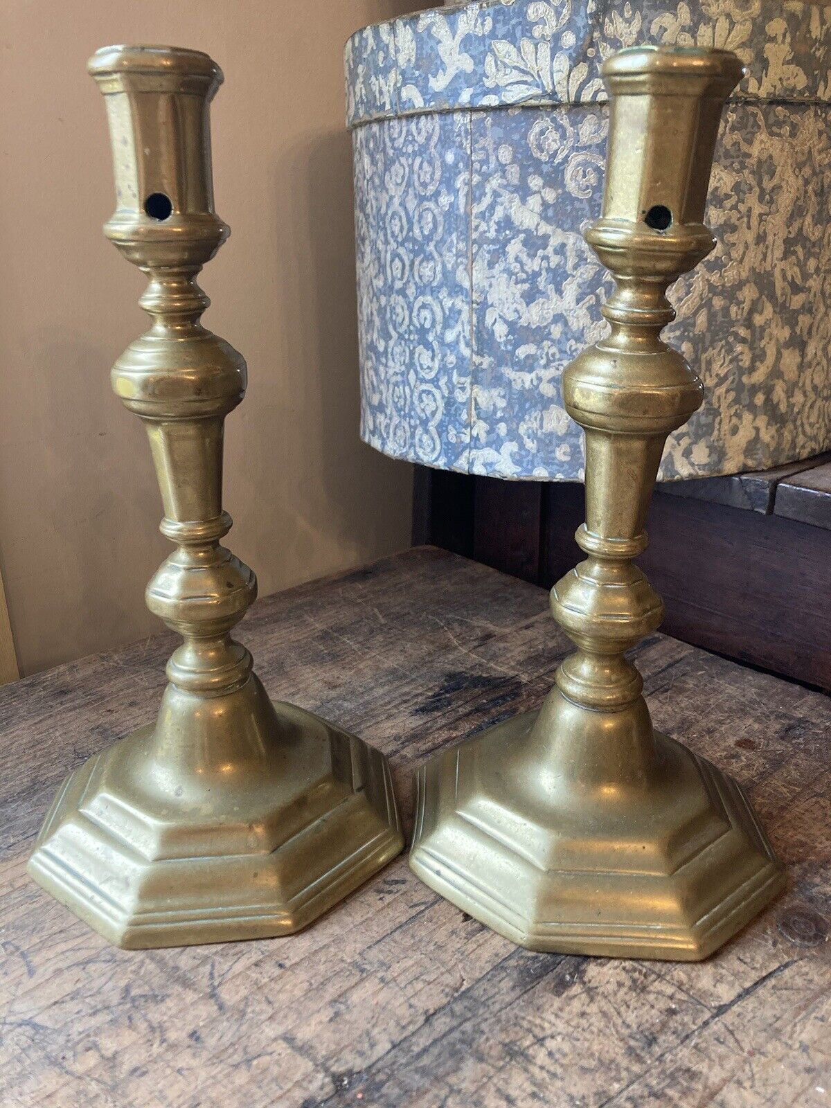 Perfect Pair Antique 18th Century 1700s Continental Brass Seamed Candlestick
