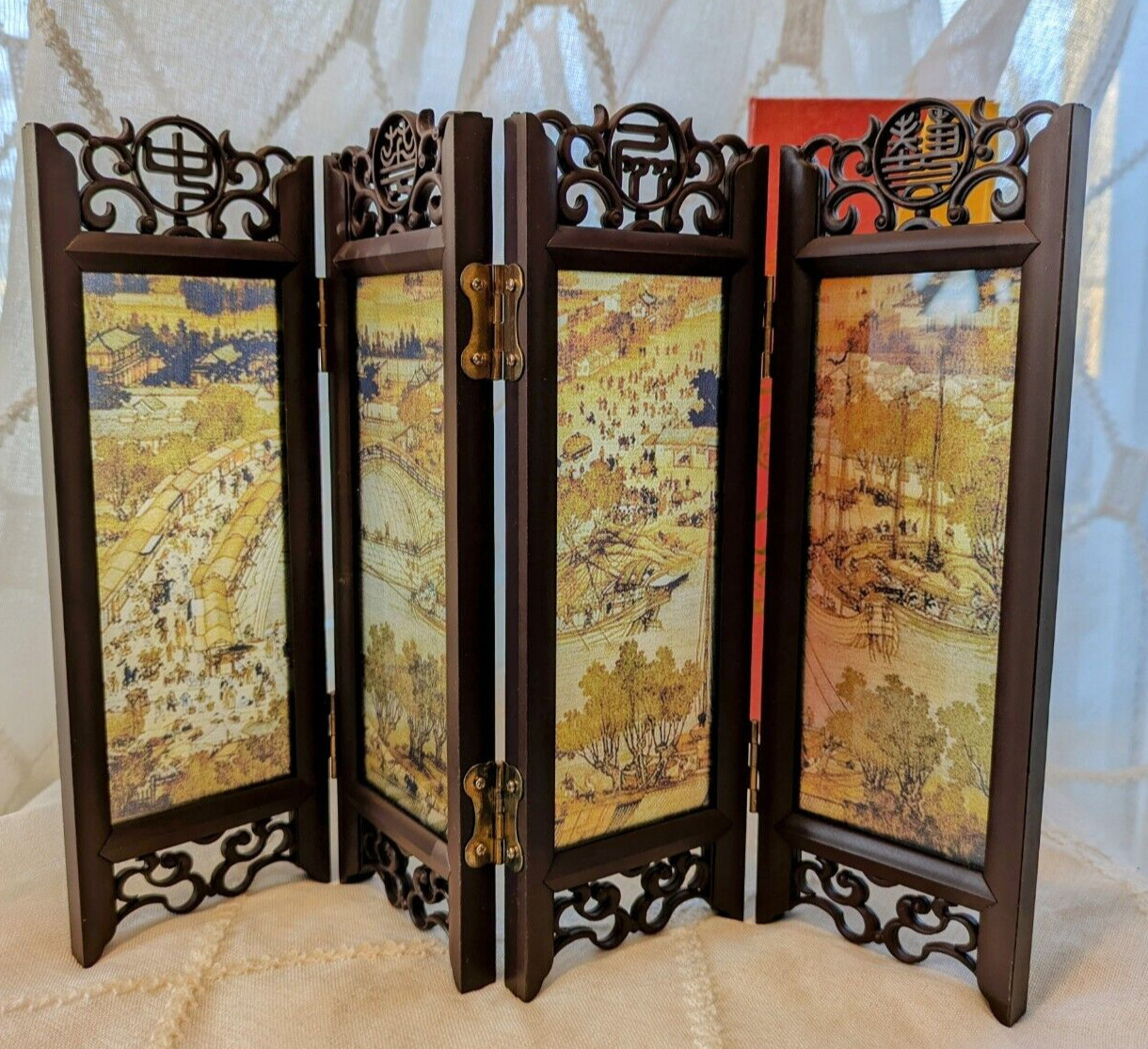 Asian Decor Mini 4-Panel Partition Screen w. Glass Inserts, Countryside Scene