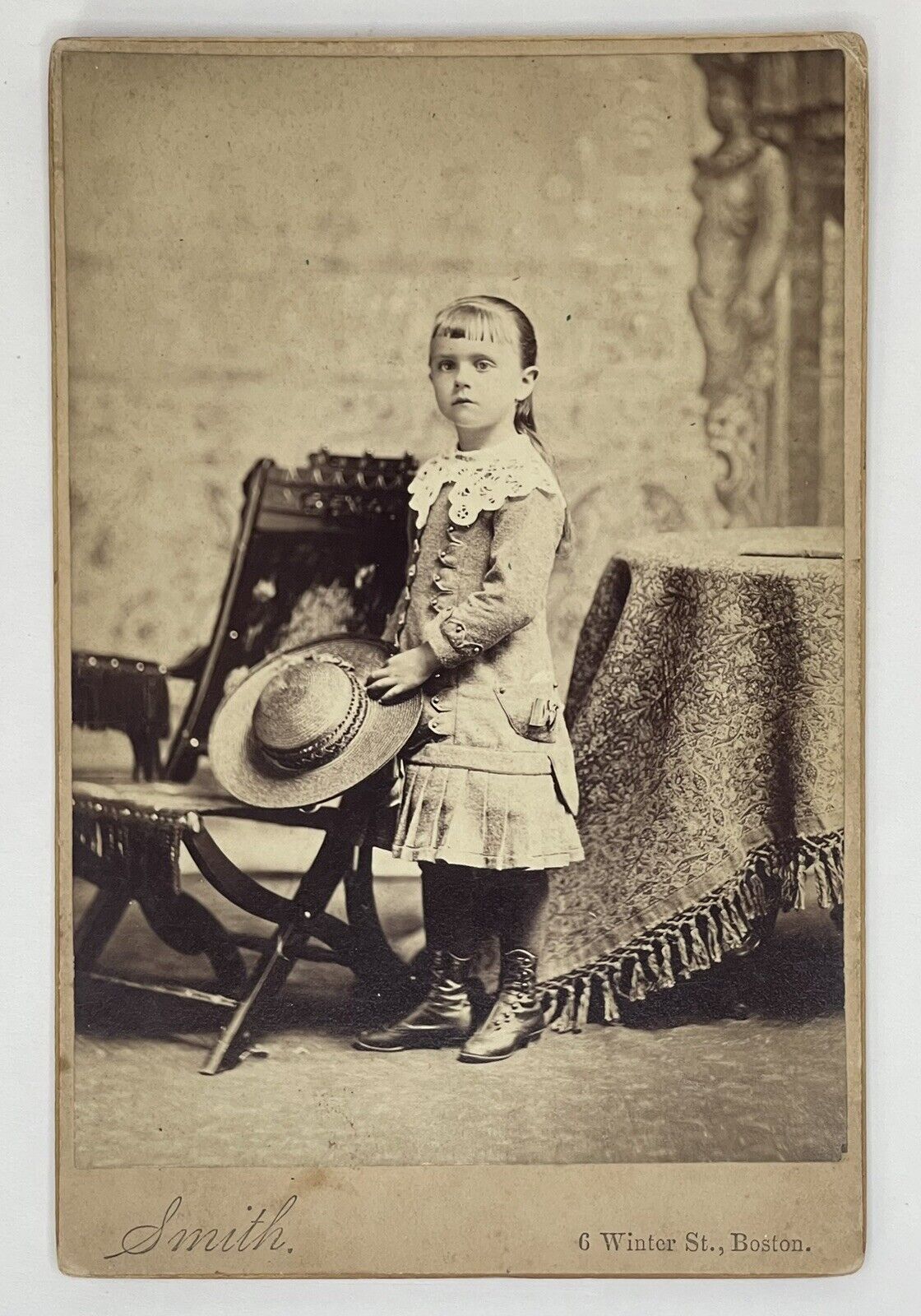 Victorian Cabinet Card Photo Young Child Girl W/ Hat Antique Boston, Mass