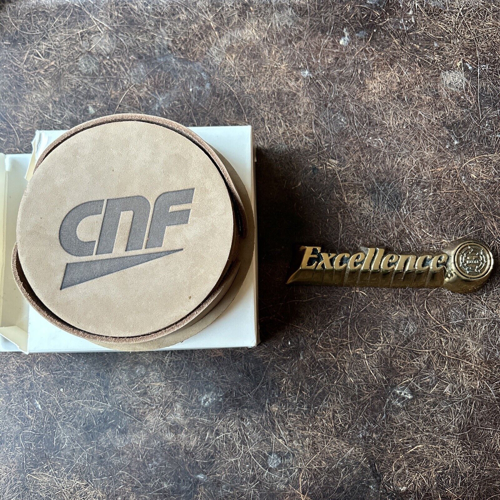 Vintage CF CONSOLIDATED FREIGHTWAYS Paperweight & CNF Leather Coaster Set Of 6