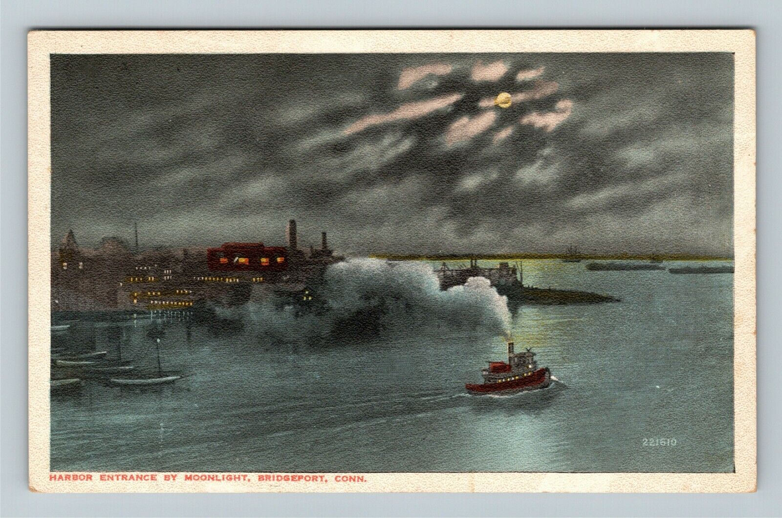 Bridgeport CT-Connecticut, Harbor Entrance By Moonlight Vintage Postcard