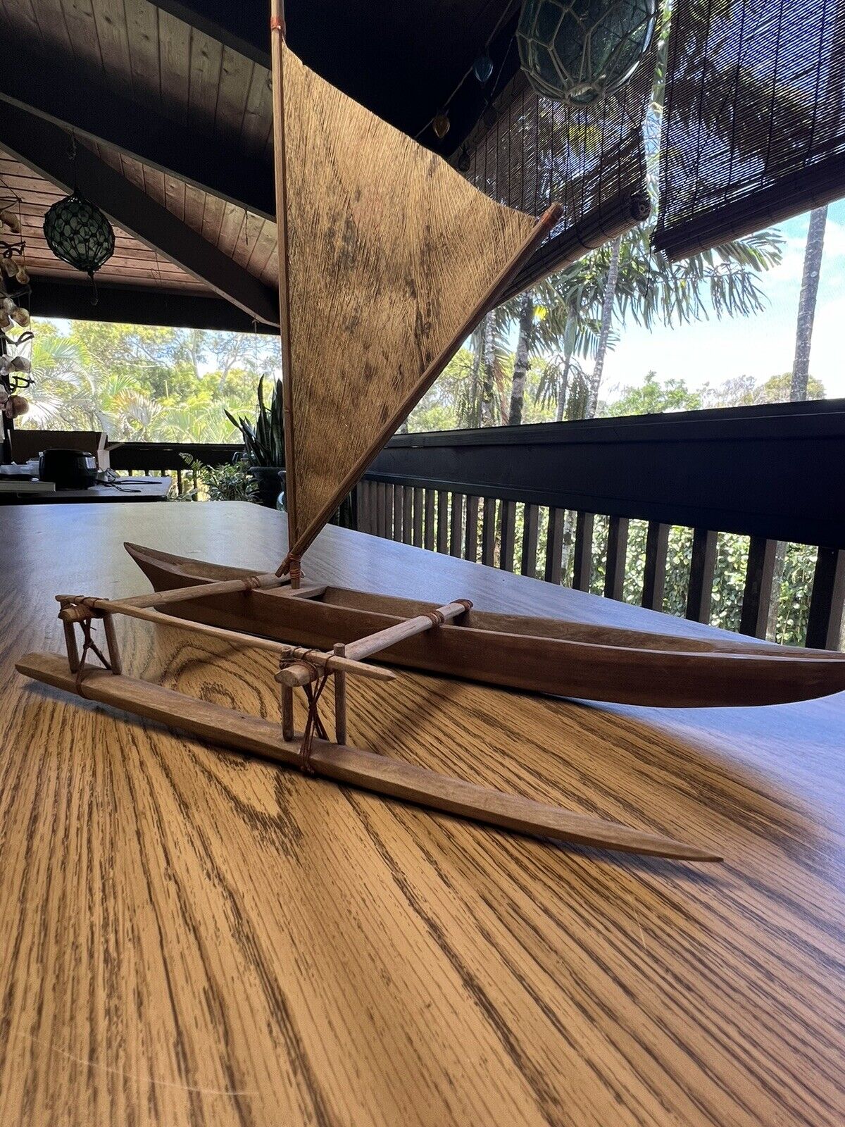 Vintage Wood Polynesian Outrigger Canoe Hand Carved with  Bark Cloth Sail 19”L