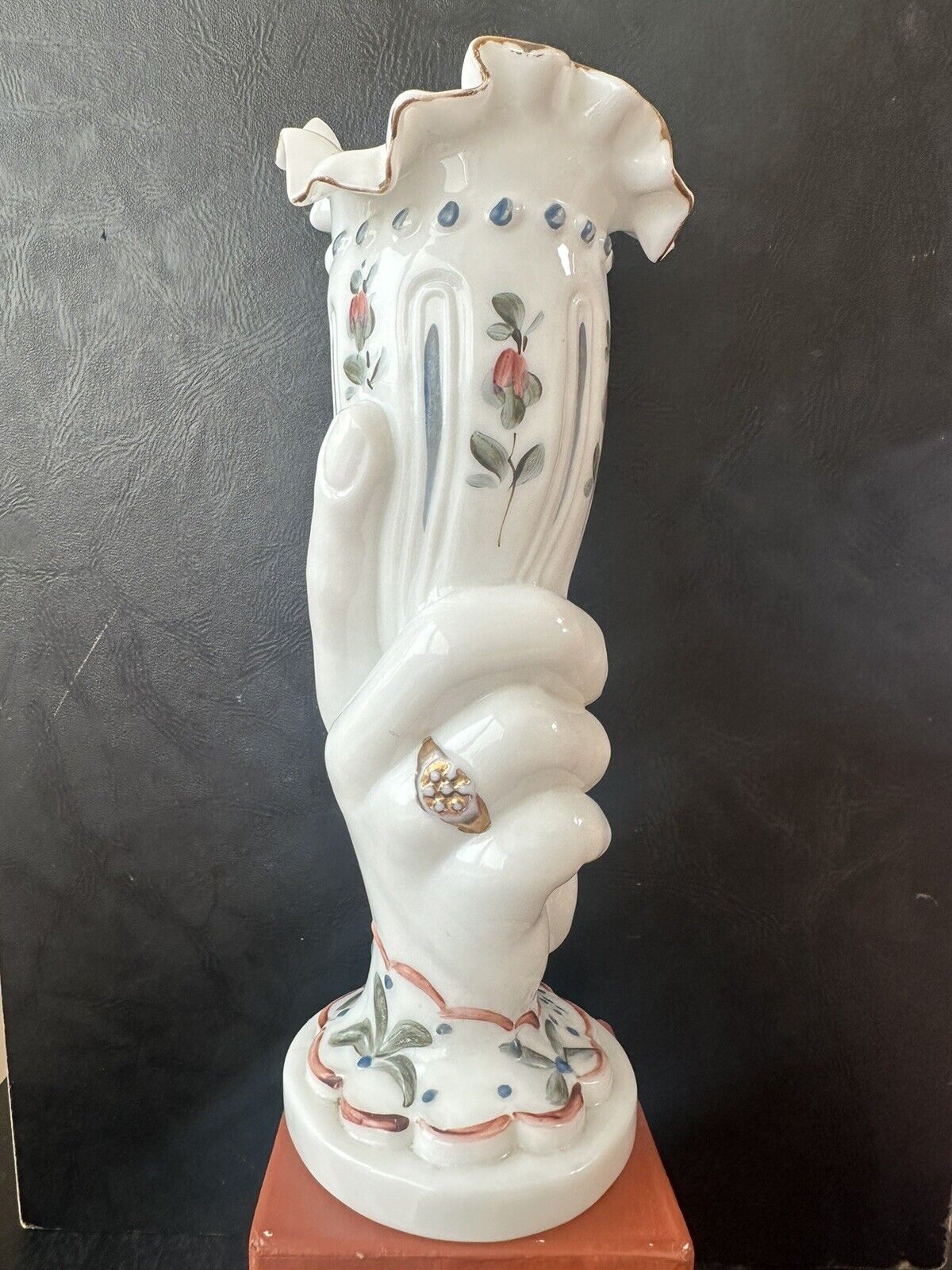Antique Victorian hand painted floral hand milk glass vase