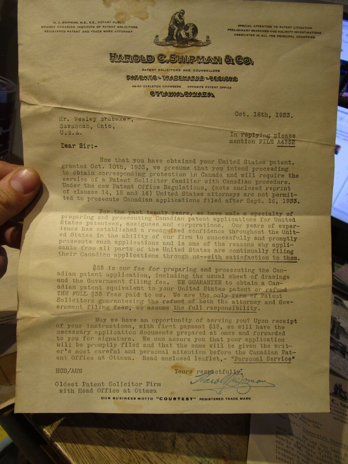1933 Harold Shipman Company Ottawa Ontario Canada Patents Trademarks Letter Old