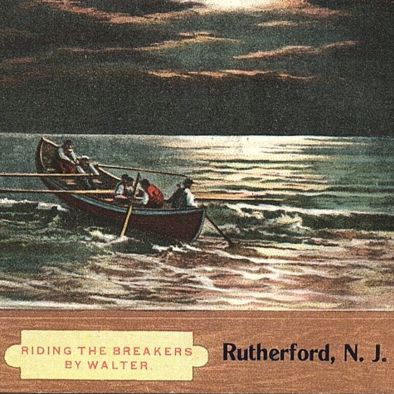 c1910 Greetings From Rutherford New Jersey Rowboat Ocean Moon Postcard Bergen