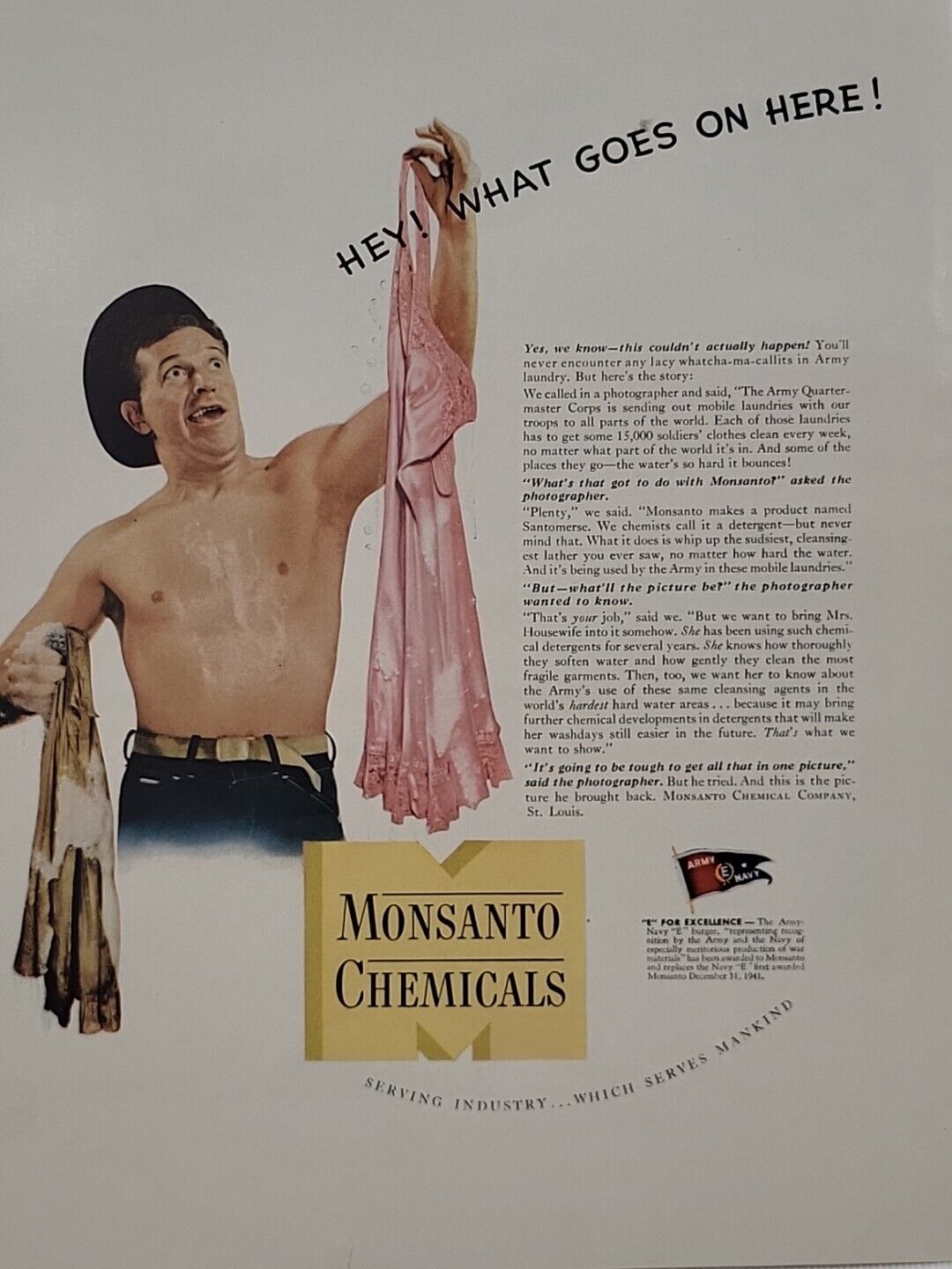 1942 Monsanto Chemicals Fortune Magazine WW2 Print Ad ARMY Nightgown Detergent