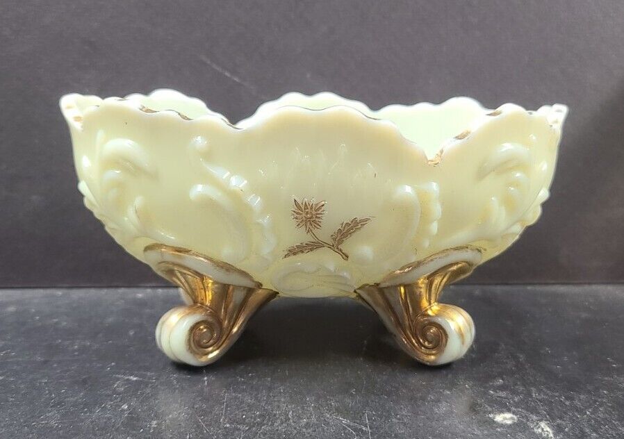 Antique 1890s Northwood Chrysanthemum Spring Gold Oval Bowl Footed Custard Glass