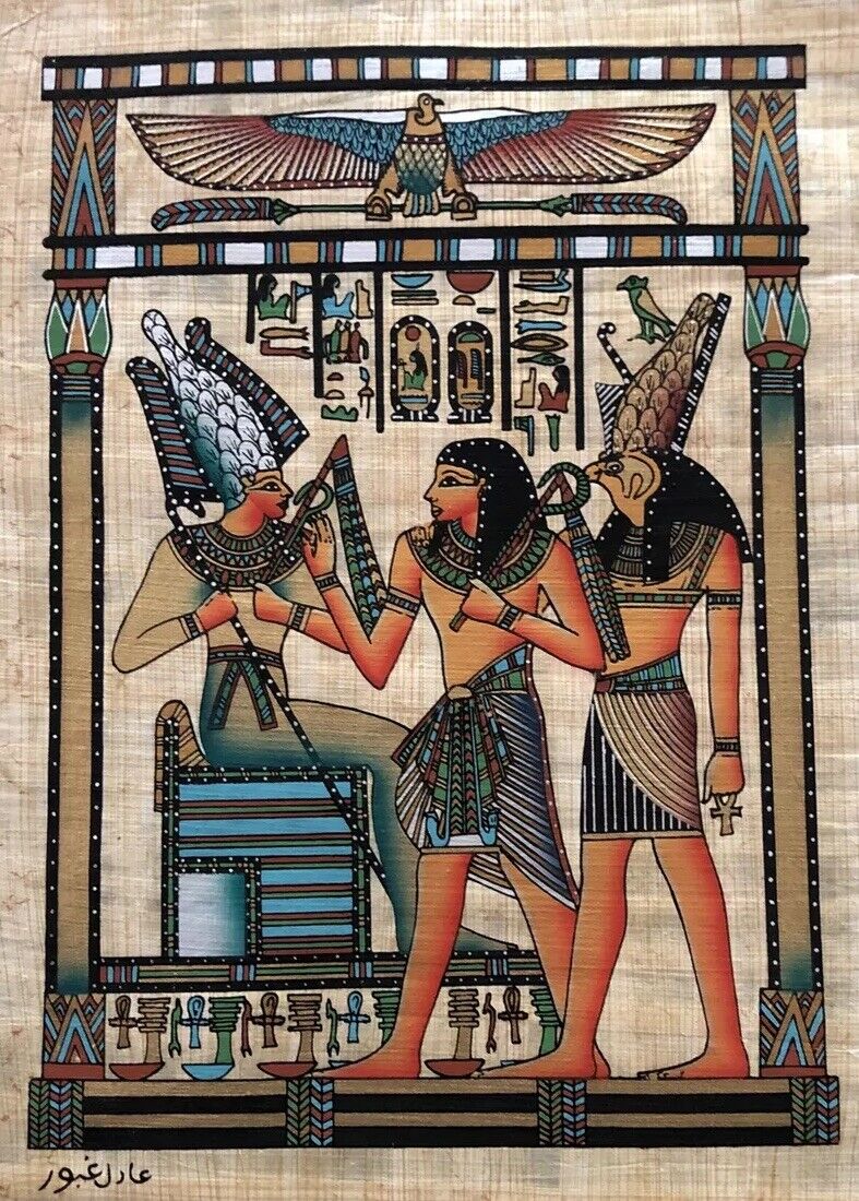 Rare Authentic Hand Painted Ancient Egyptian Papyrus-Osiris, Seti and Horus