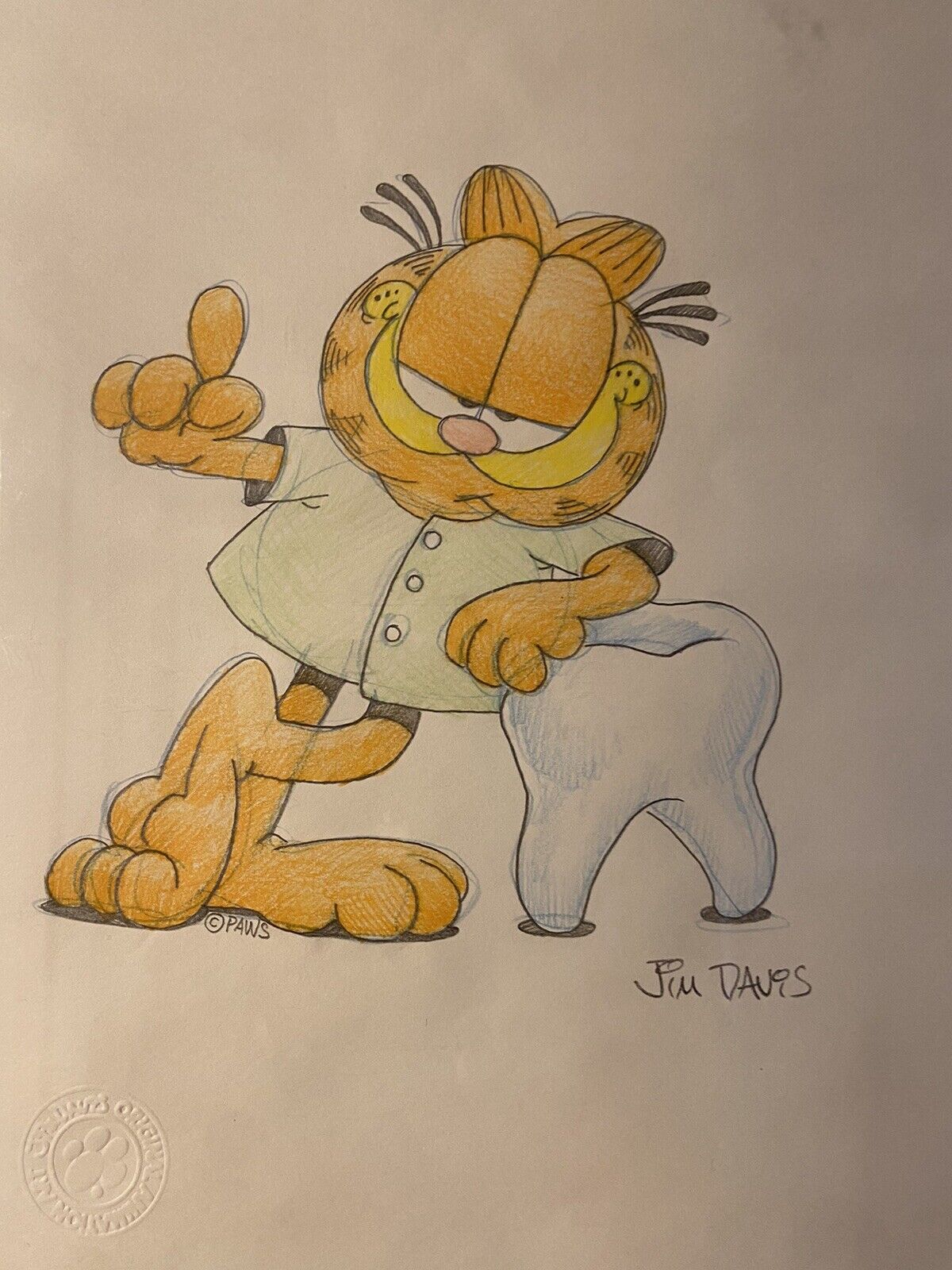 Garfield one of a kind signed Jim Davis pencil sketch dentist leaning on tooth 