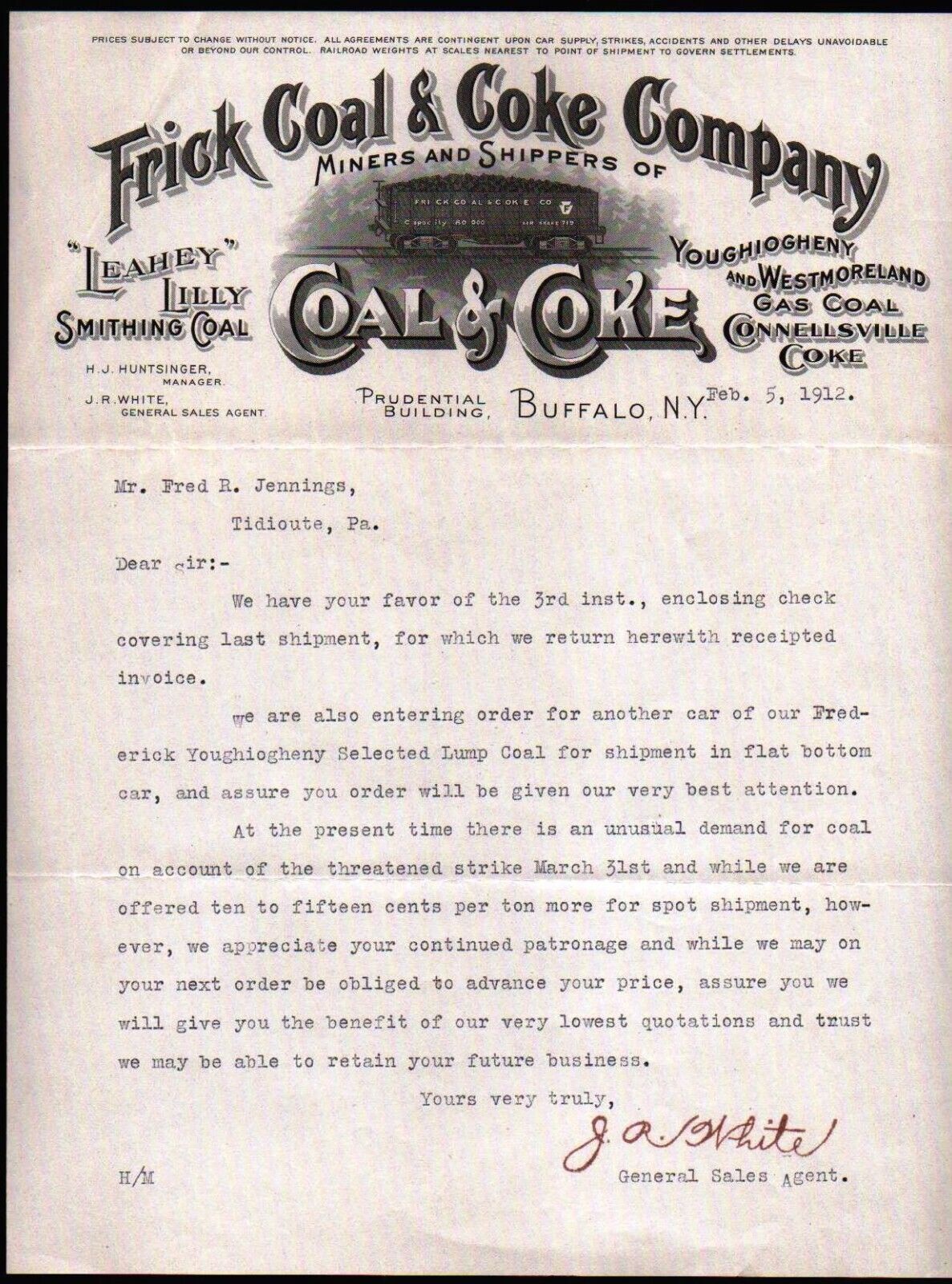 1912 Buffalo - Frick Coal & Coke Co - Youghiogheny & Westmoreland - Letter Head