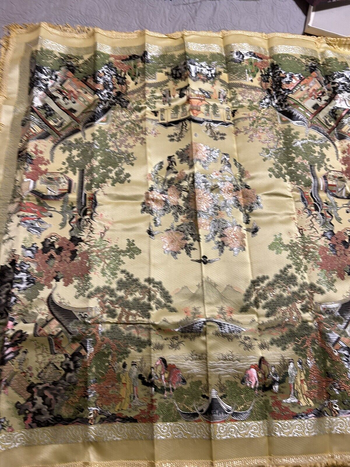 Vintage Brocaded Flowers Chinese Silk Square Scenic Tapestry Table Cloth  42x42”