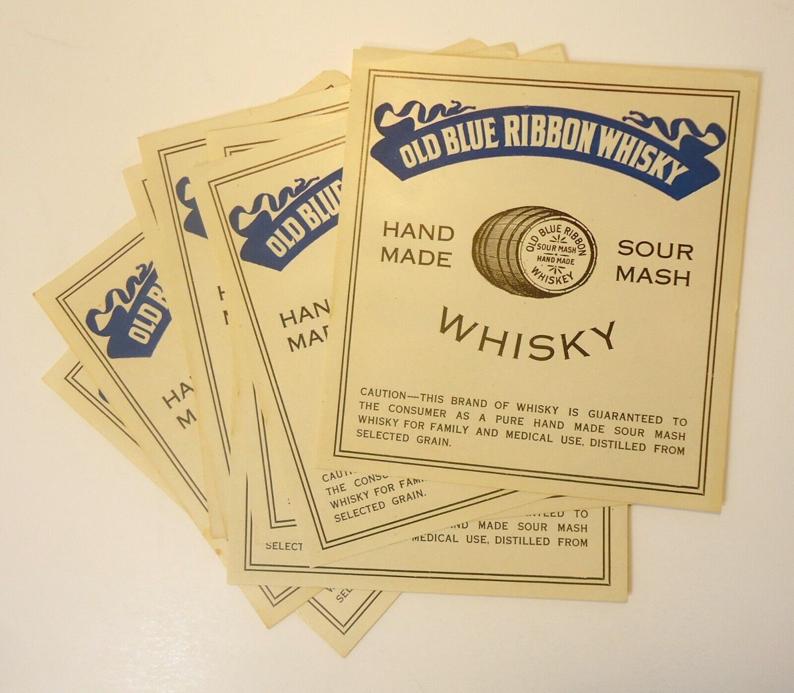 Lot of 8 Vintage ORIGINAL Old Blue Ribbon Whiskey Sour Mash Labels