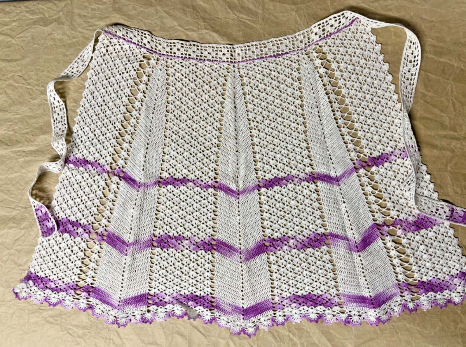 Vintage Hand Crocheted Apron with Purple Accents - SWEET